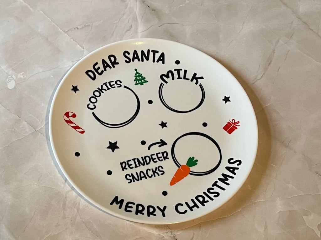 Personalised Christmas Eve Plastic Plate - Dear Santa Cookies Milk Reindeer Snacks Love your name Design
