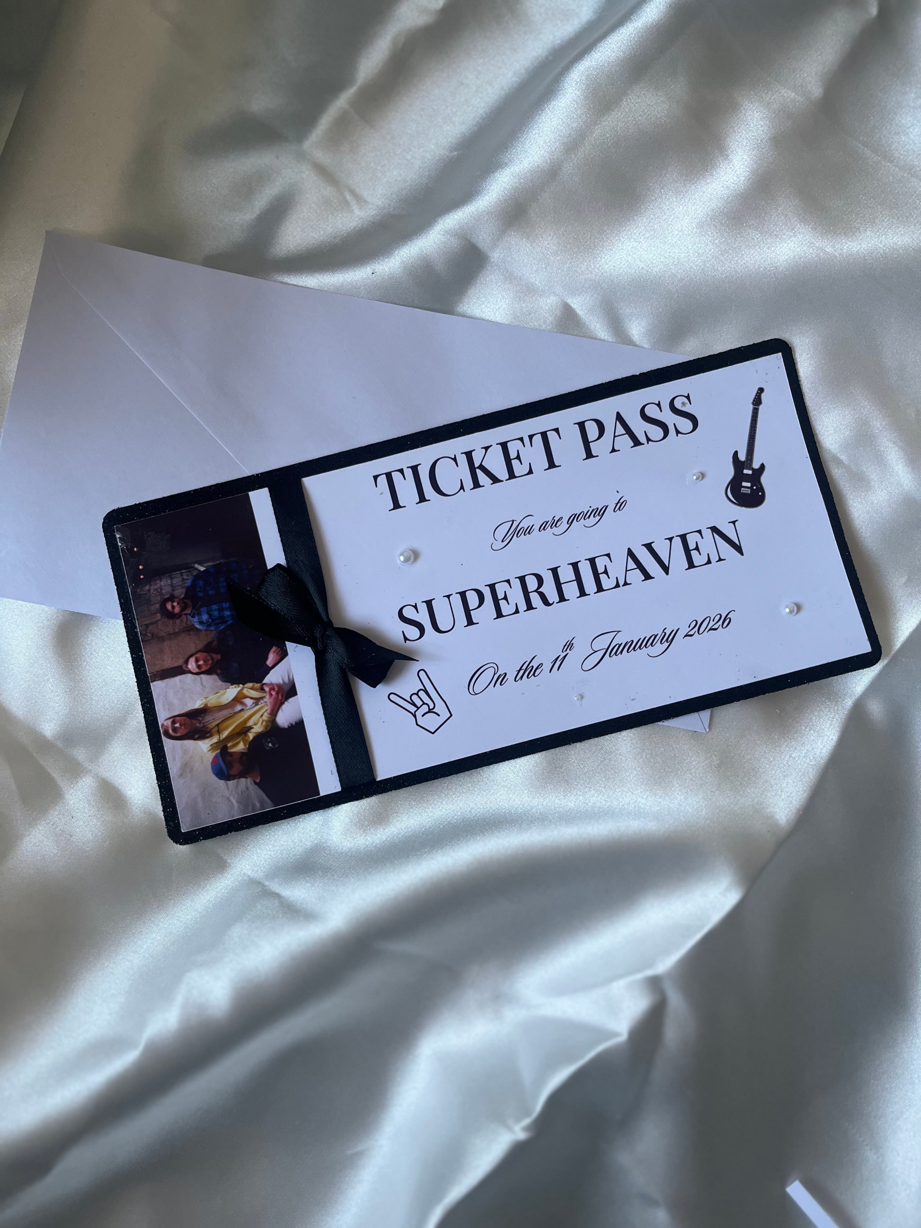 Personalised Ticket Pass Ticket for gifted concerts/shows/gigs Glitter backing and Ribbon Perfect for Gifts of any occasion colour to suit your needs