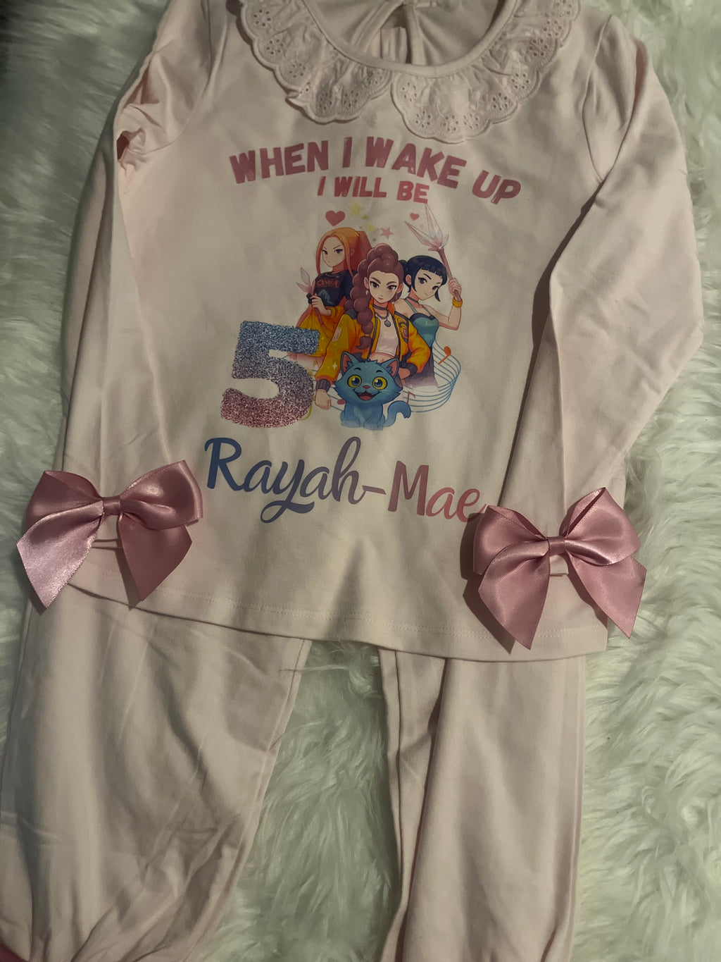 Custom When I Wake Up Frill Pyjamas with Pink Bow Accents Custom Design for Birthday Loungewear Nightwear