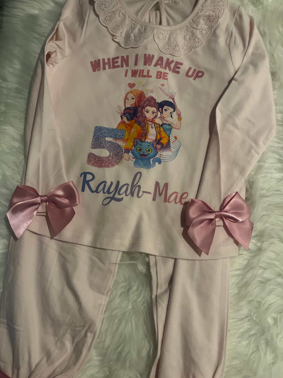 Custom When I Wake Up Frill Pyjamas with Pink Bow Accents Custom Design for Birthday Loungewear Nightwear