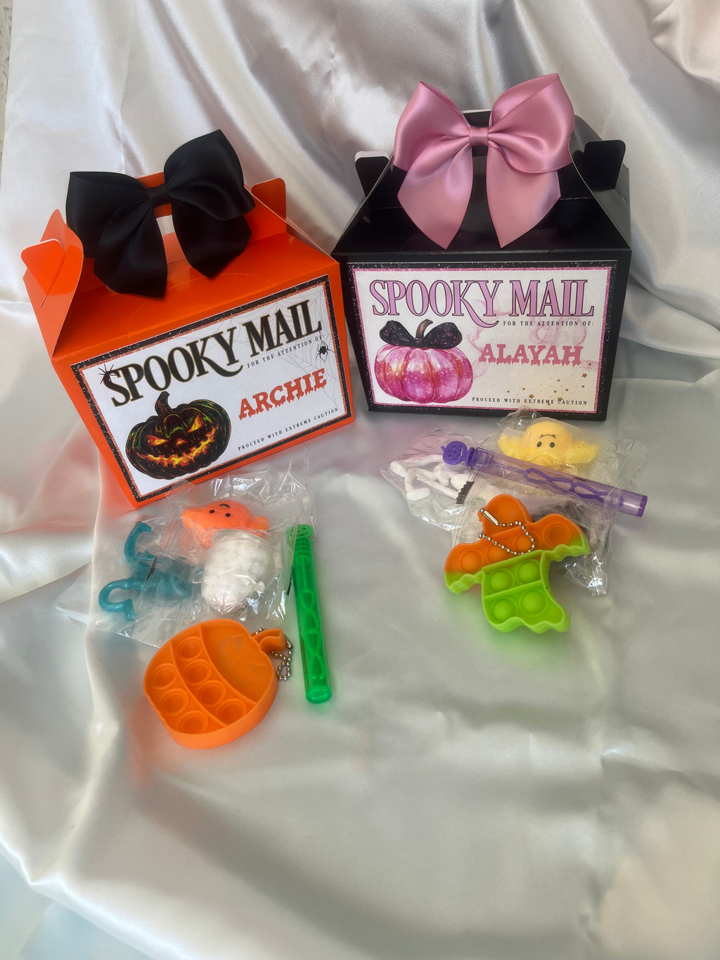Spooky Mail Personalised Halloween Treat Boxes with Bows and fidget treats and Custom Names Gifts