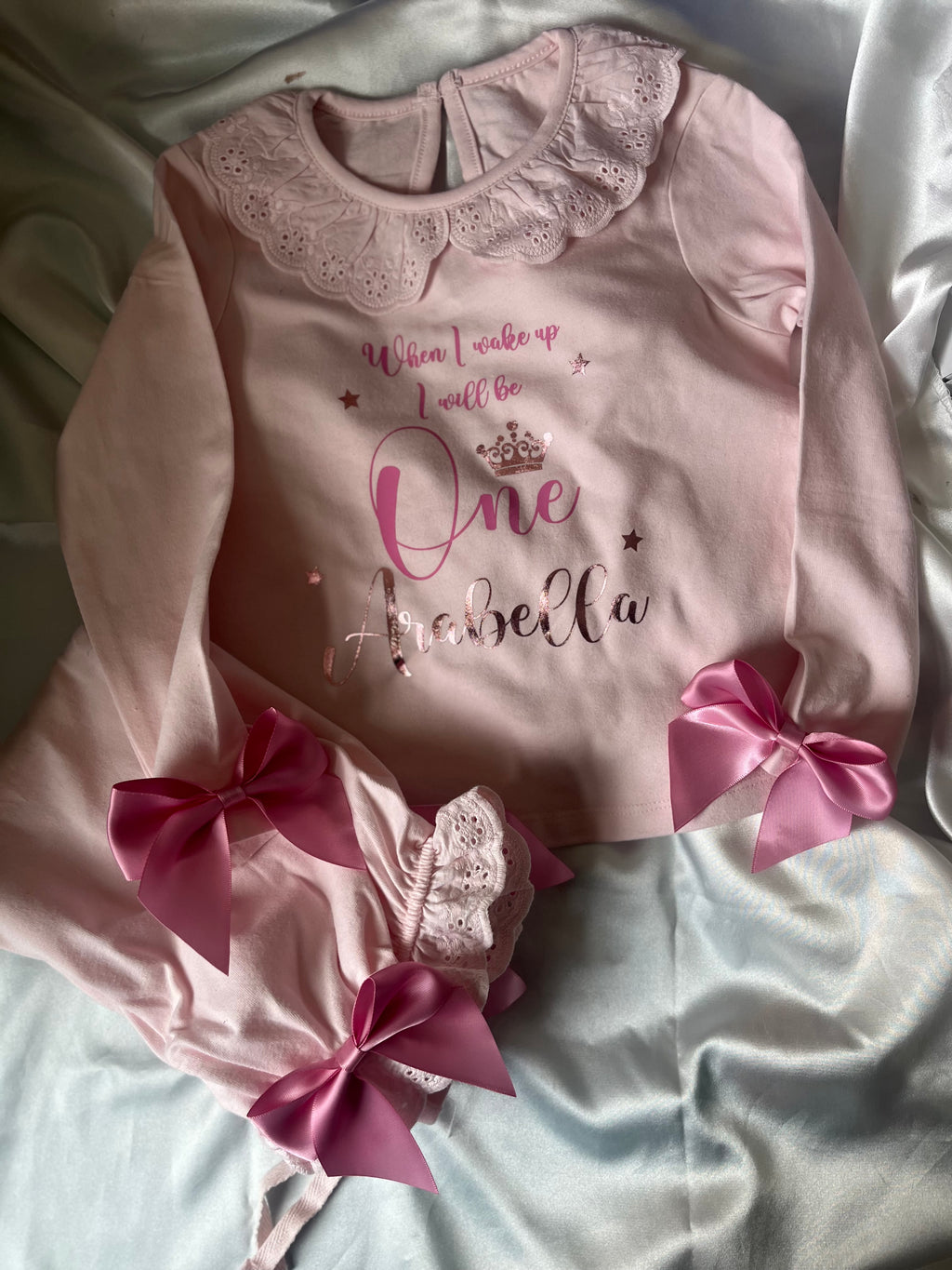 Personalised pink frill pyjamas with bows