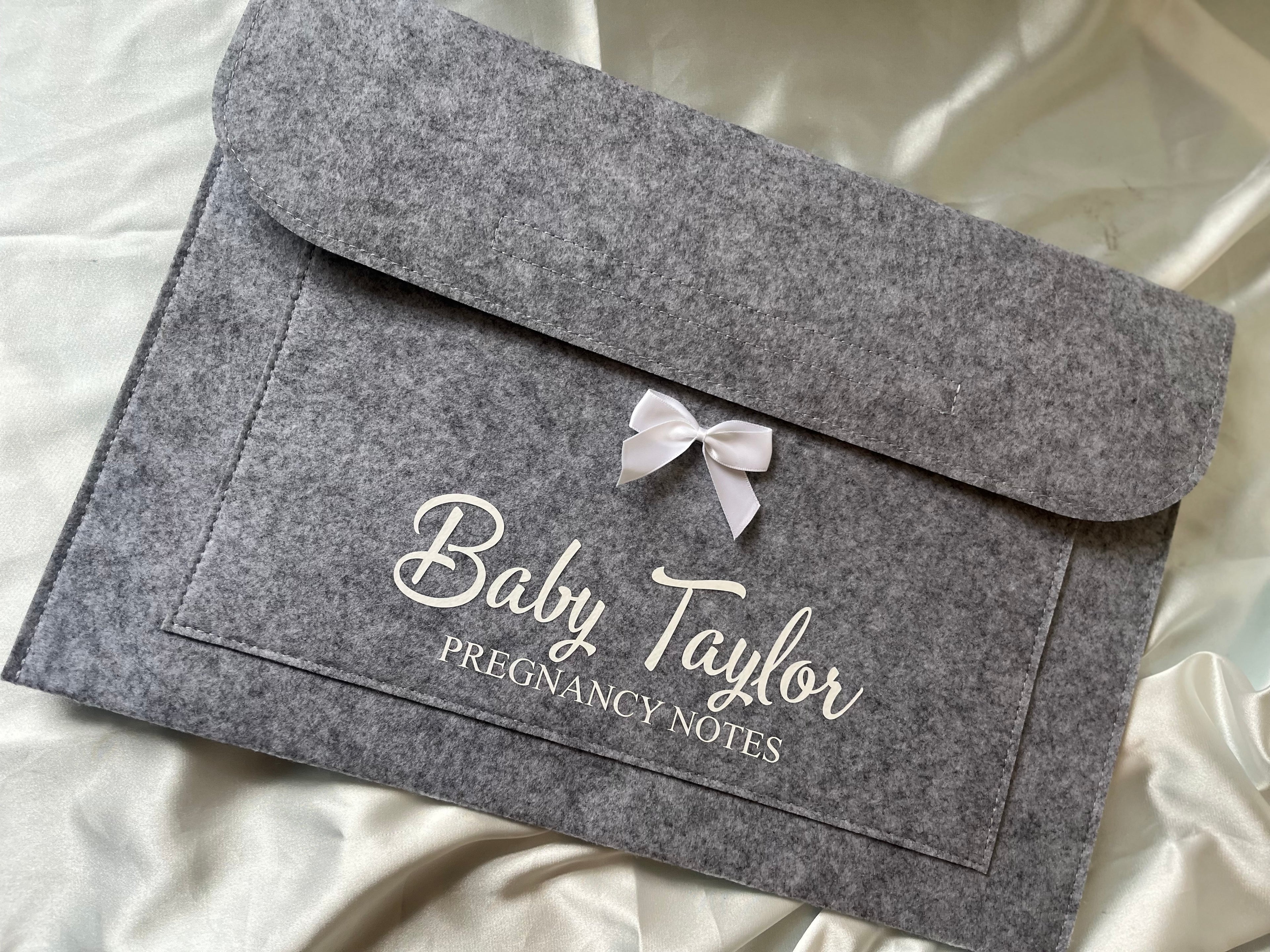 Personalised Pregnancy Notes Folder - Felt case with Bow for storing Maternity notes