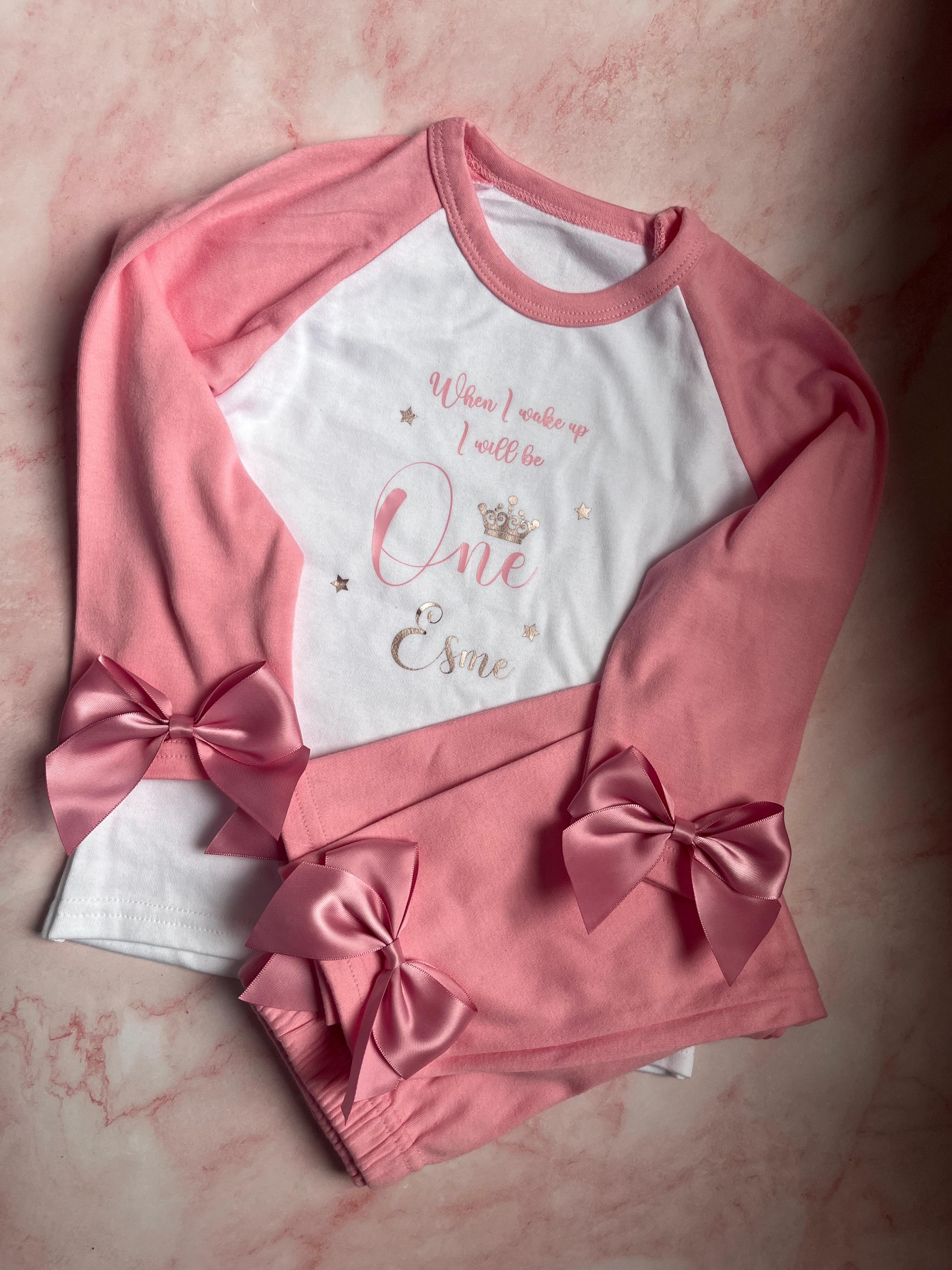 Personalised When I Wake Up Pink Pyjamas with Bows and Crown in Pink and Rose Gold Design