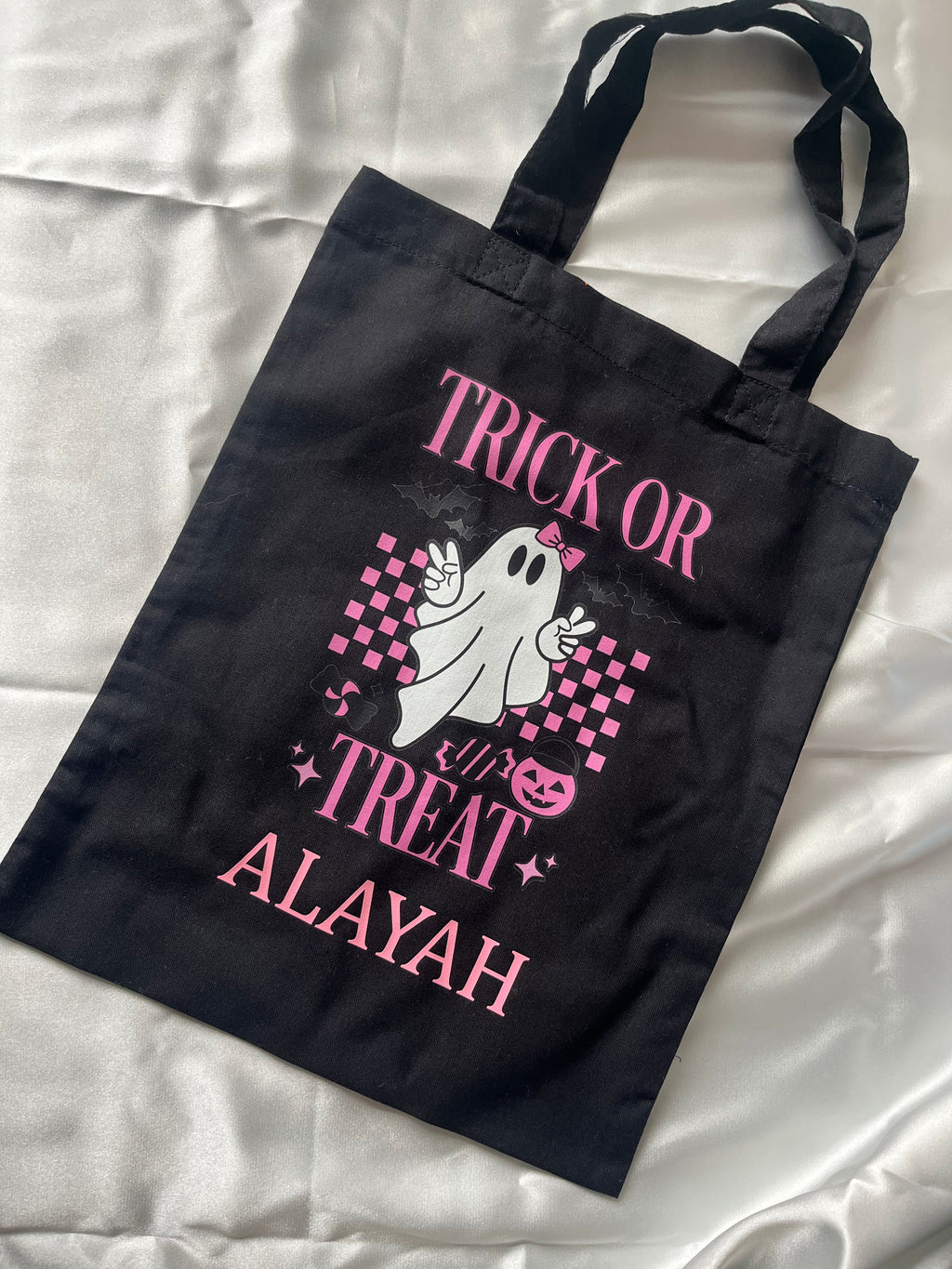 Trick or Treat Mini Tote Bags Personalized with Name, different Designs for Halloween