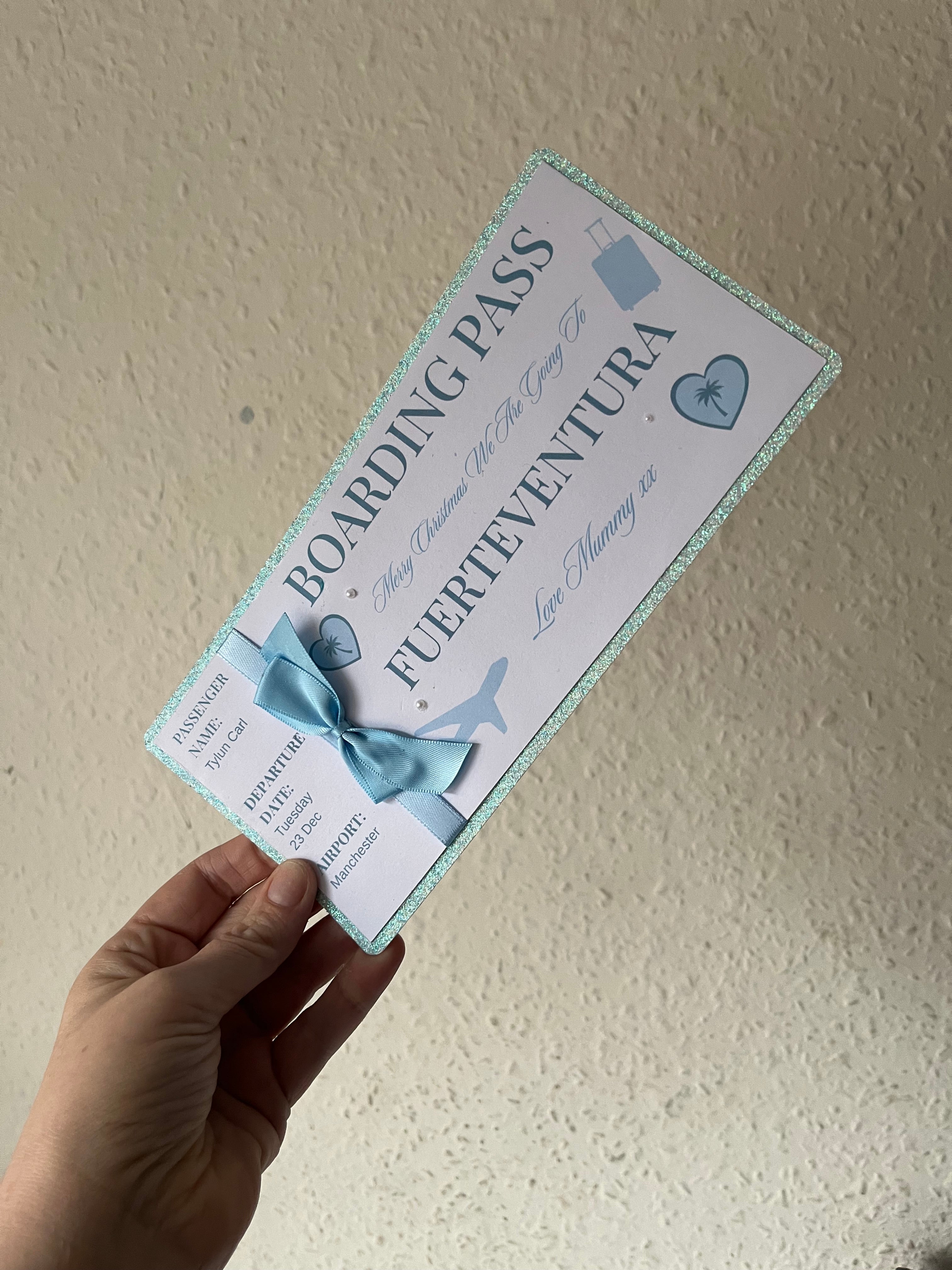 Personalised Boarding Pass Ticket for gift holidays Glitter backing and Ribbon Perfect for Gifts of any occasion colour to suit your needs