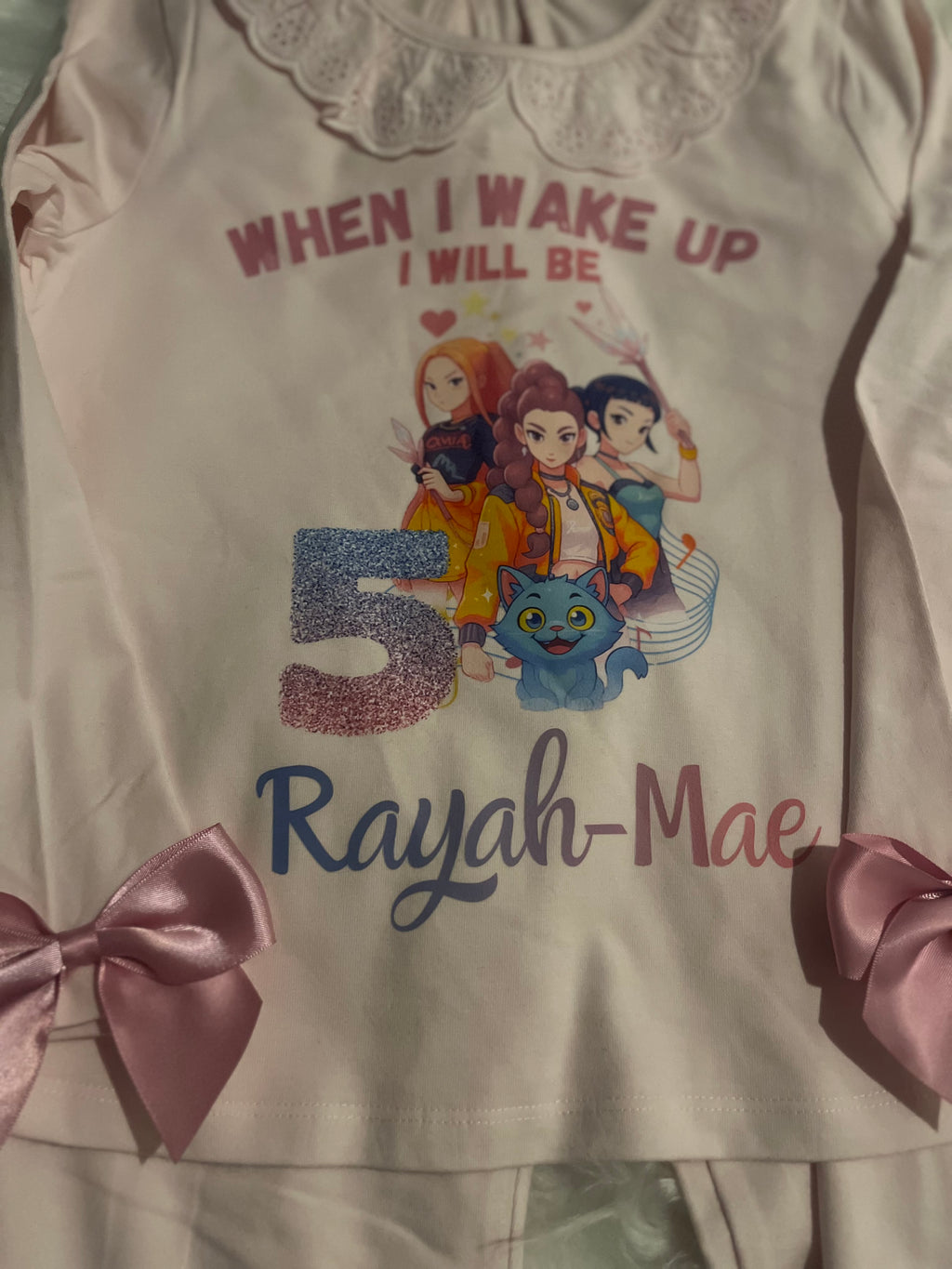 Custom When I Wake Up Frill Pyjamas with Pink Bow Accents Custom Design for Birthday Loungewear Nightwear