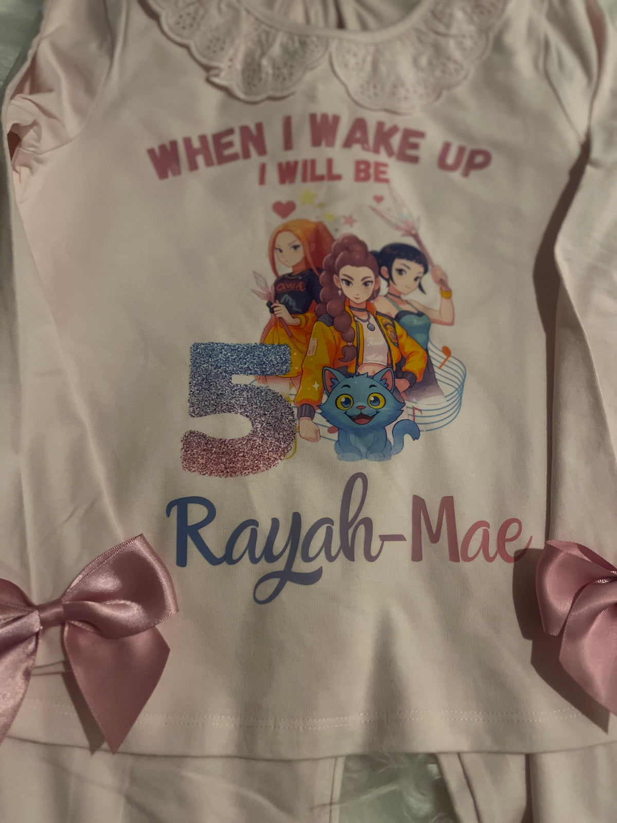 Custom When I Wake Up Frill Pyjamas with Pink Bow Accents Custom Design for Birthday Loungewear Nightwear
