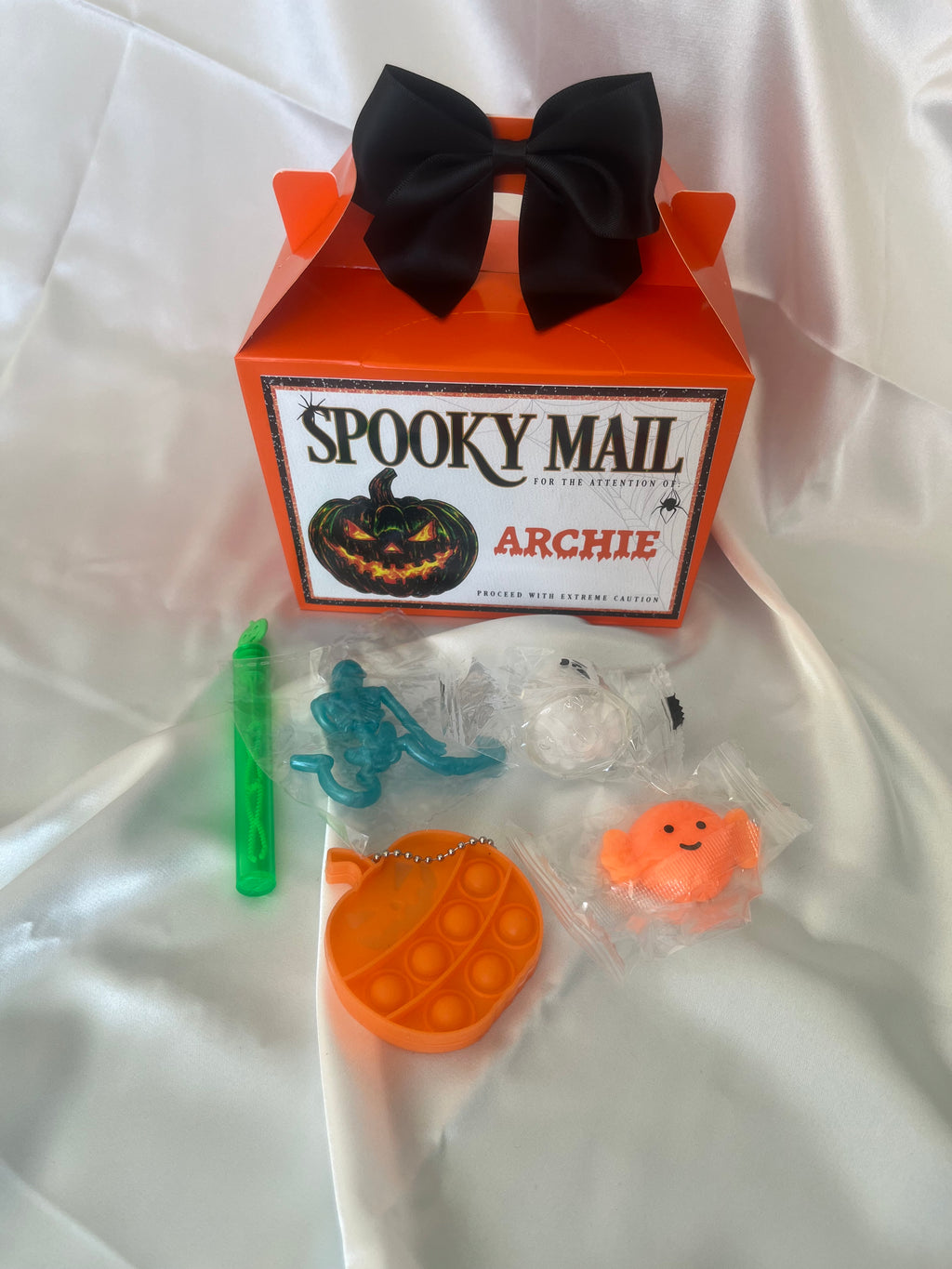 Spooky Mail Personalised Halloween Treat Boxes with Bows and fidget treats and Custom Names Gifts