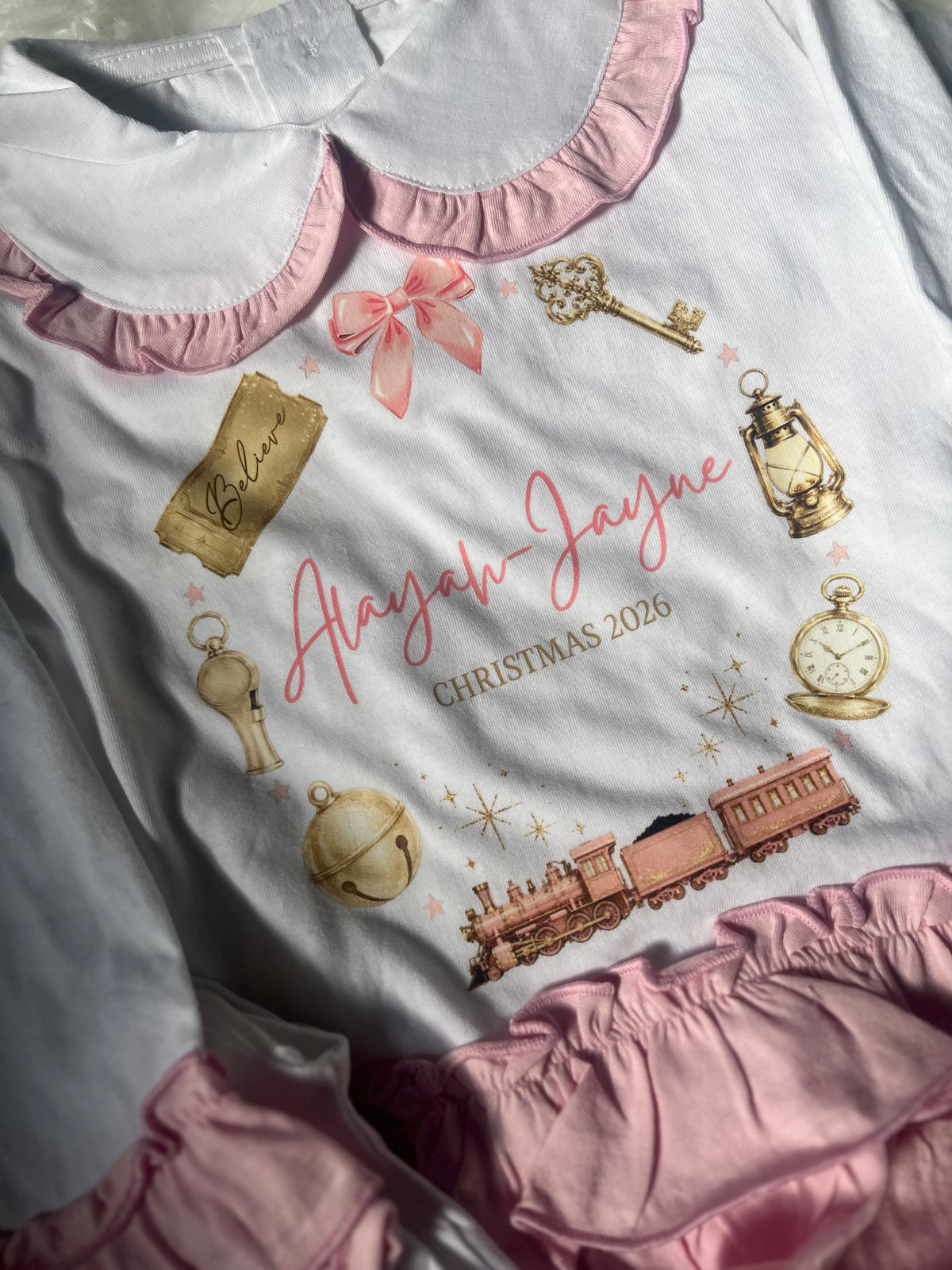 Personalized Christmas pyjama set pink ruffles – Train Design