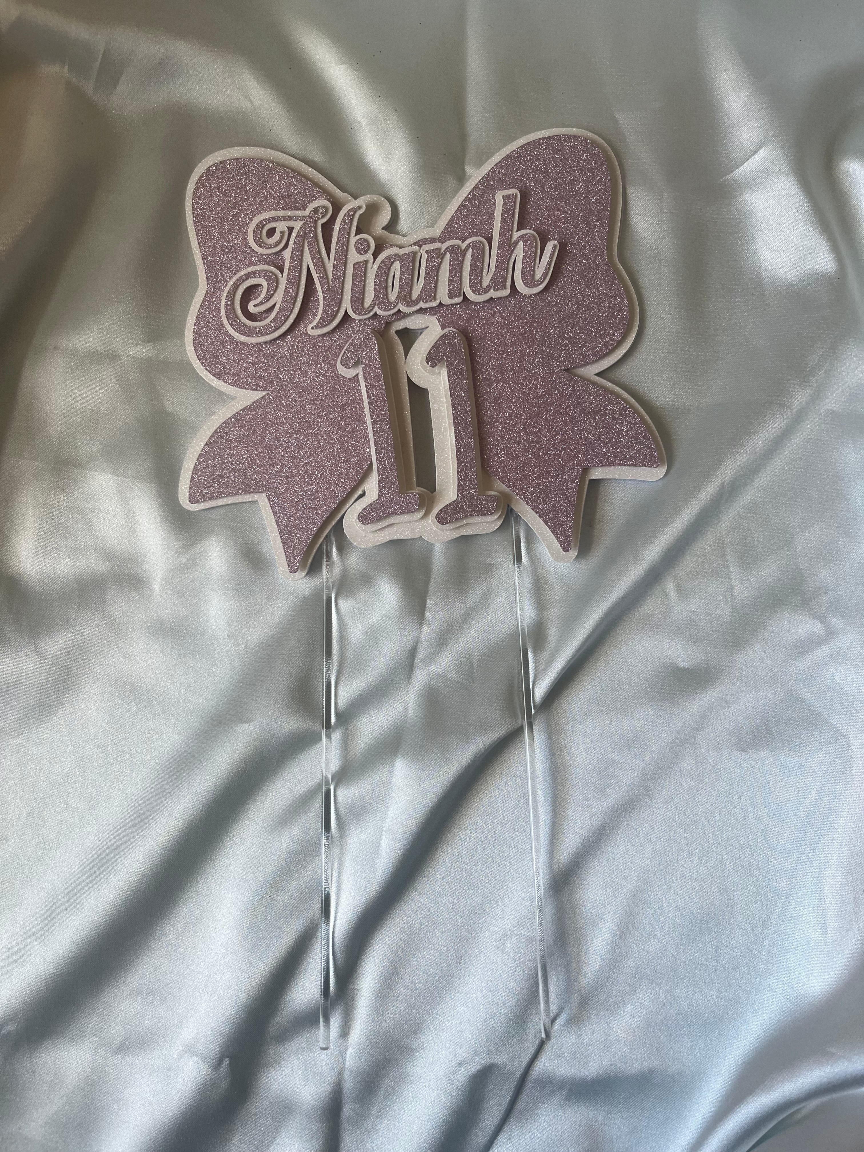 Personalised glitter bow cake topper