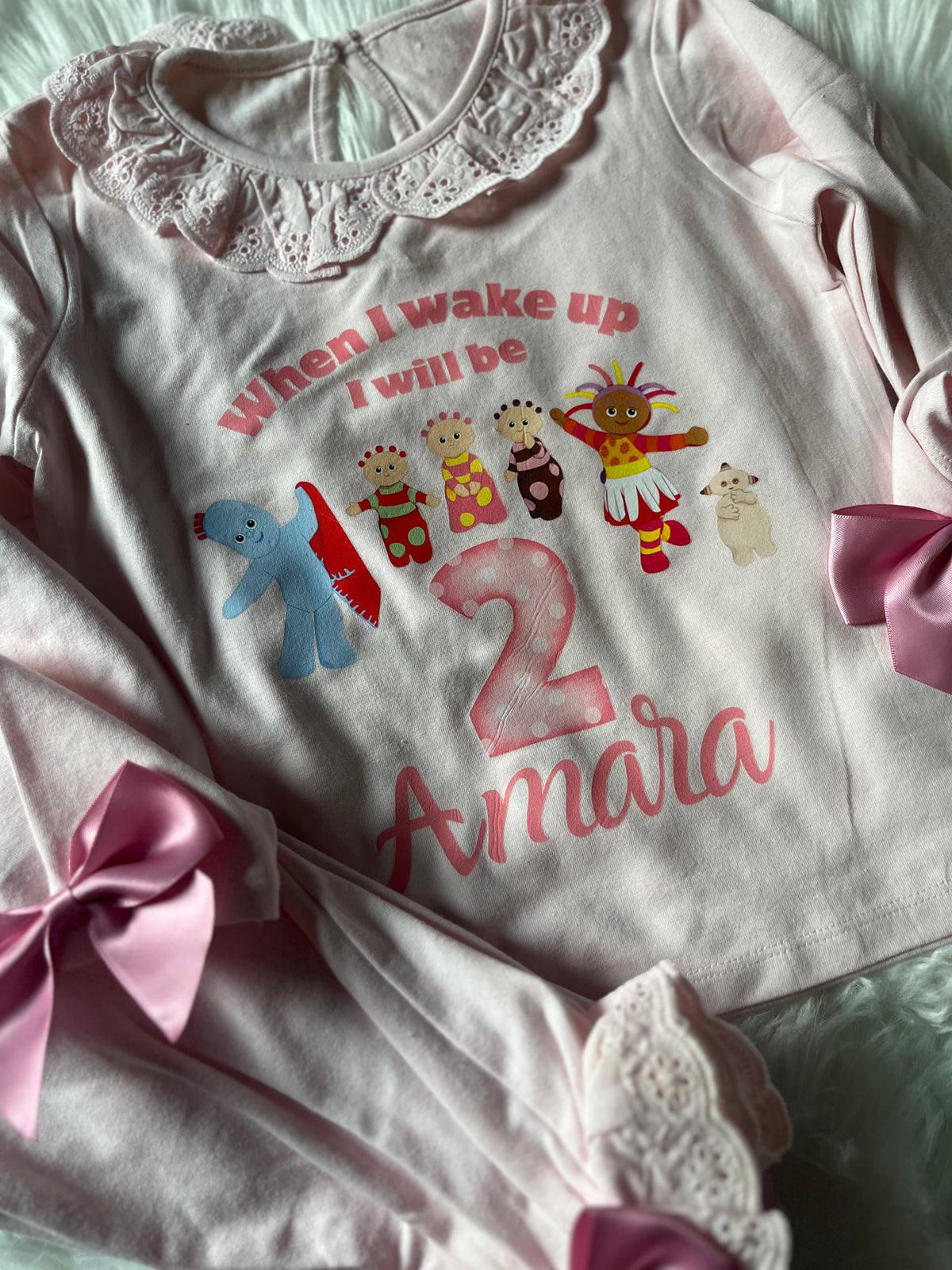 Custom When I Wake Up Frill Pyjamas with Pink Bow Accents Custom Design for Birthday Loungewear Nightwear