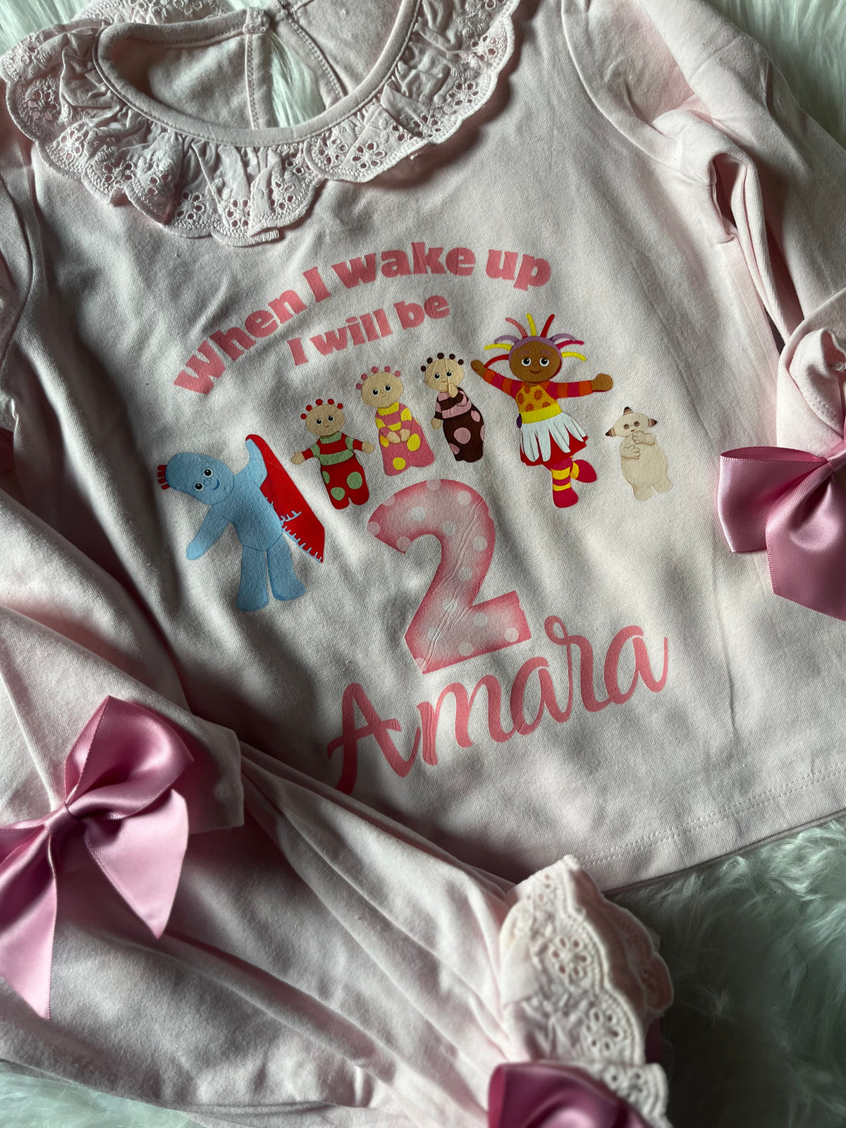Custom When I Wake Up Frill Pyjamas with Pink Bow Accents Custom Design for Birthday Loungewear Nightwear