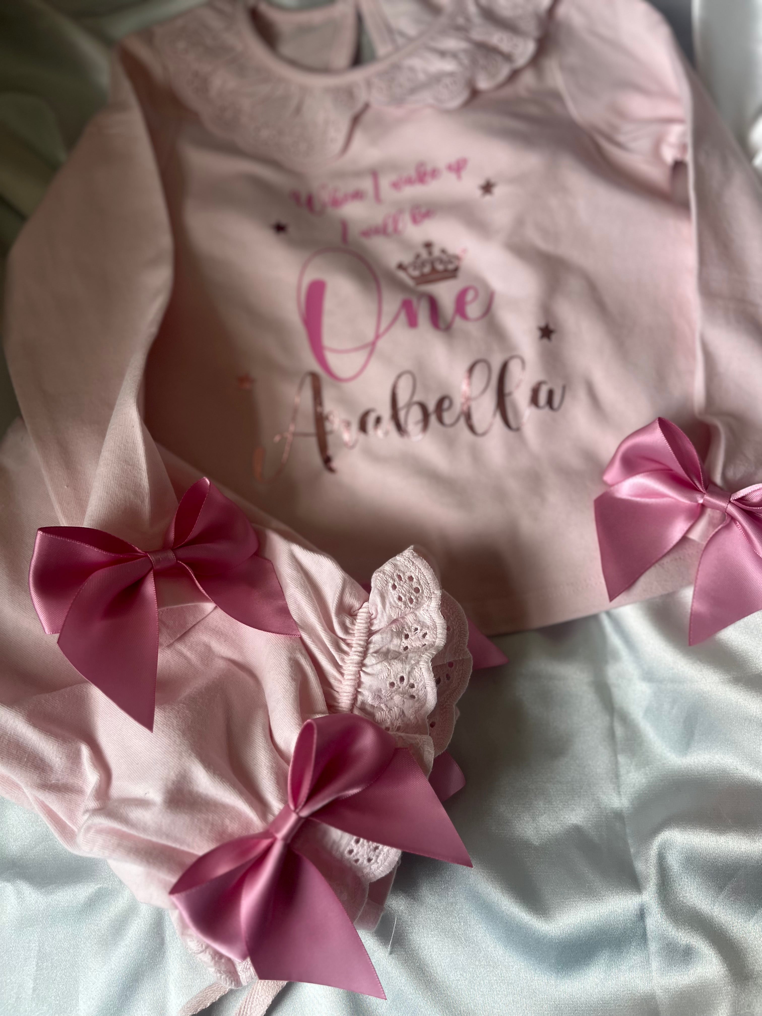 Personalised pink frill pyjamas with bows