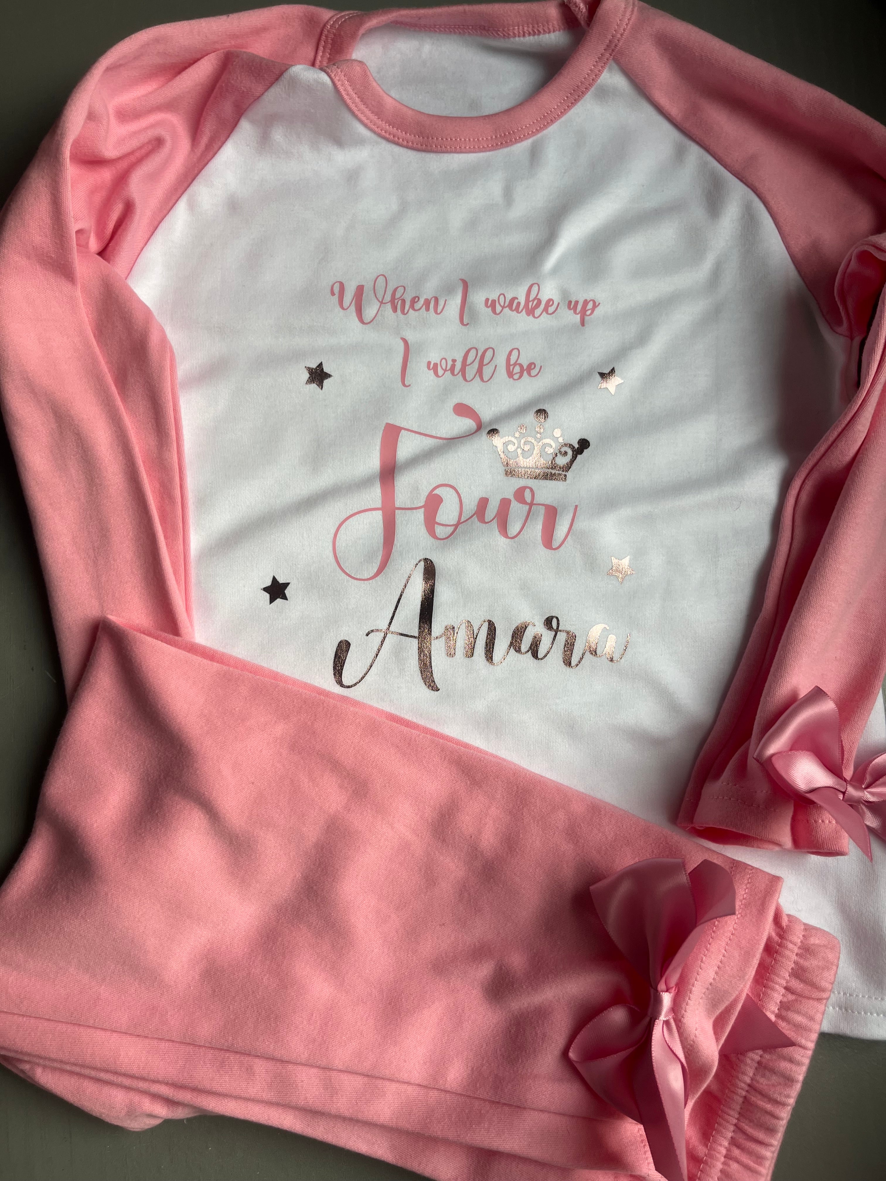 Personalised When I Wake Up Pink Pyjamas with Bows and Crown in Pink and Rose Gold Design
