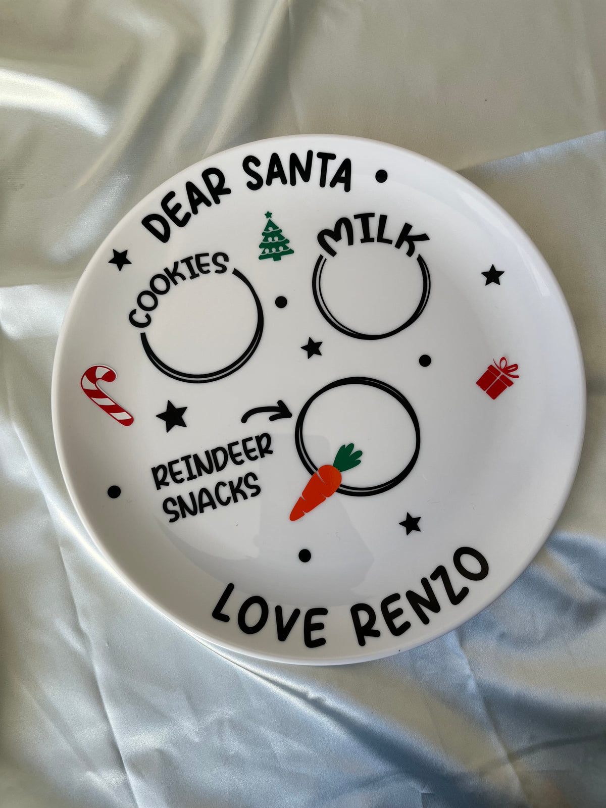 Personalised Christmas Eve Plastic Plate - Dear Santa Cookies Milk Reindeer Snacks Love your name Design