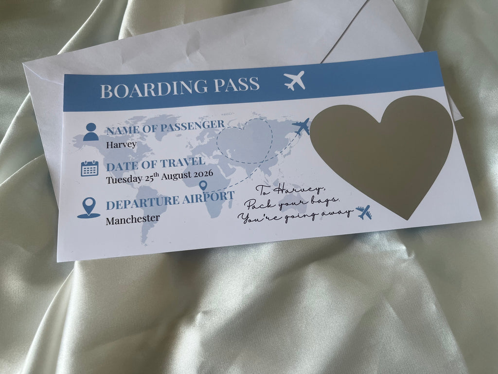 Destination Scratch Off Cards for Surprise Getaway Gifts Personalised Boarding Pass Design Ideal for Travel Themed Gifts, scratch reveal holiday card