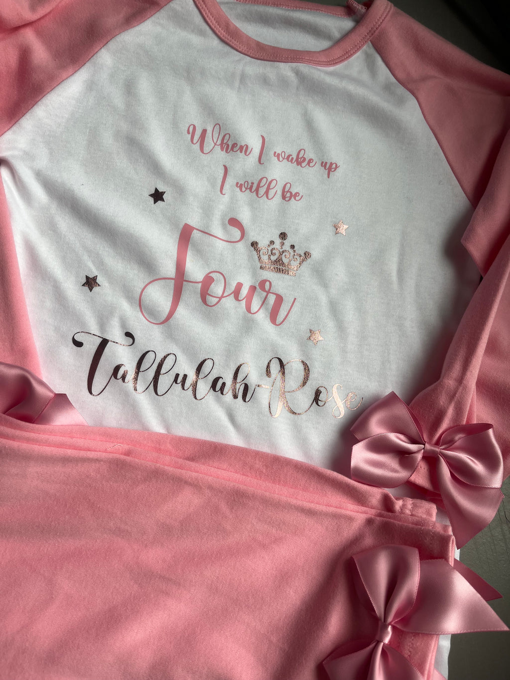 Personalised When I Wake Up Pink Pyjamas with Bows and Crown in Pink and Rose Gold Design