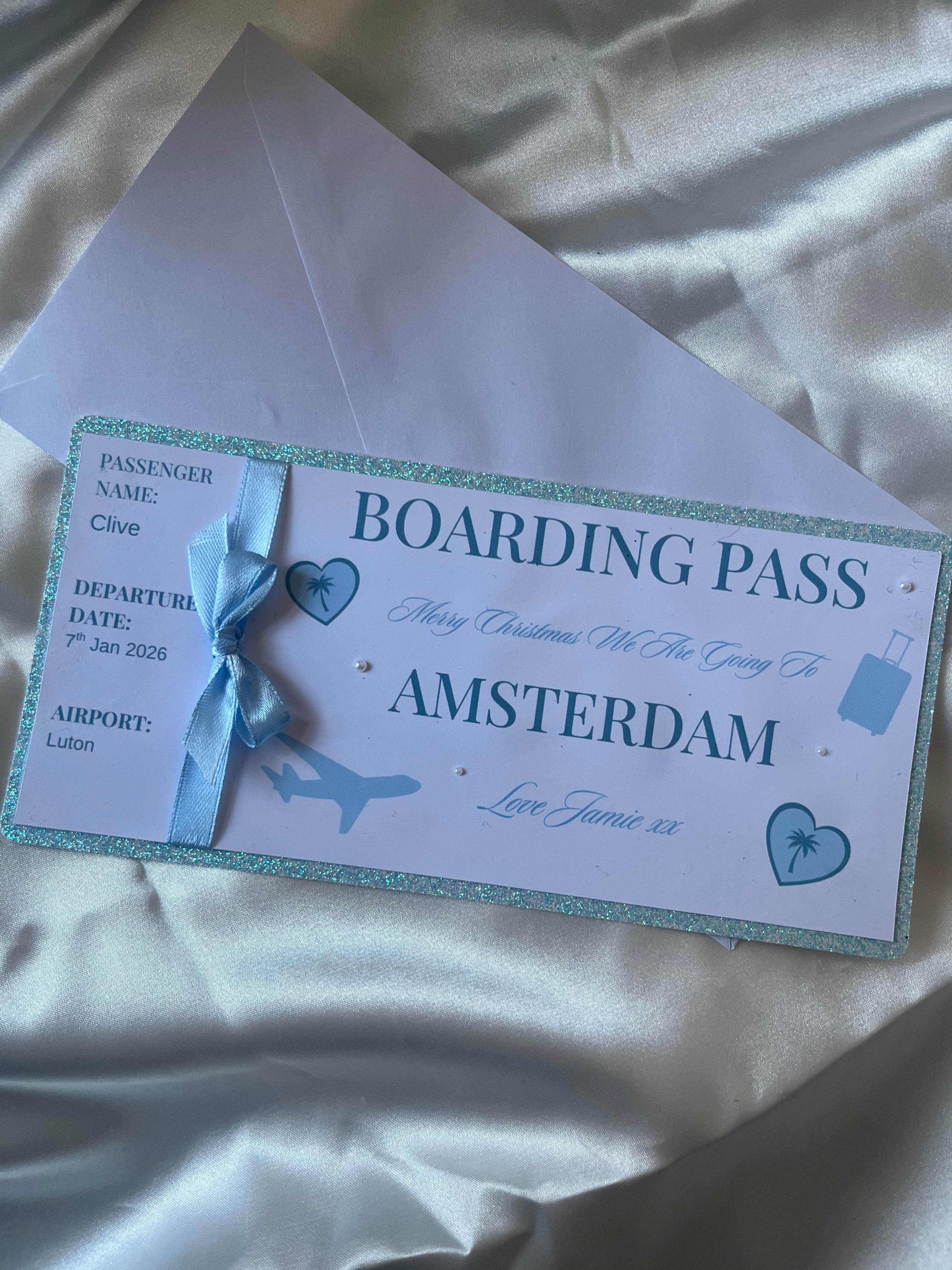 Personalised Boarding Pass Ticket for gift holidays Glitter backing and Ribbon Perfect for Gifts of any occasion colour to suit your needs