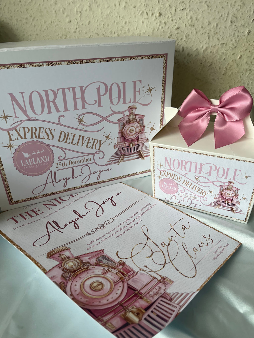 North Pole Express Delivery Christmas Eve Box, Treat Box and Nice List in Train Design pink or blue
