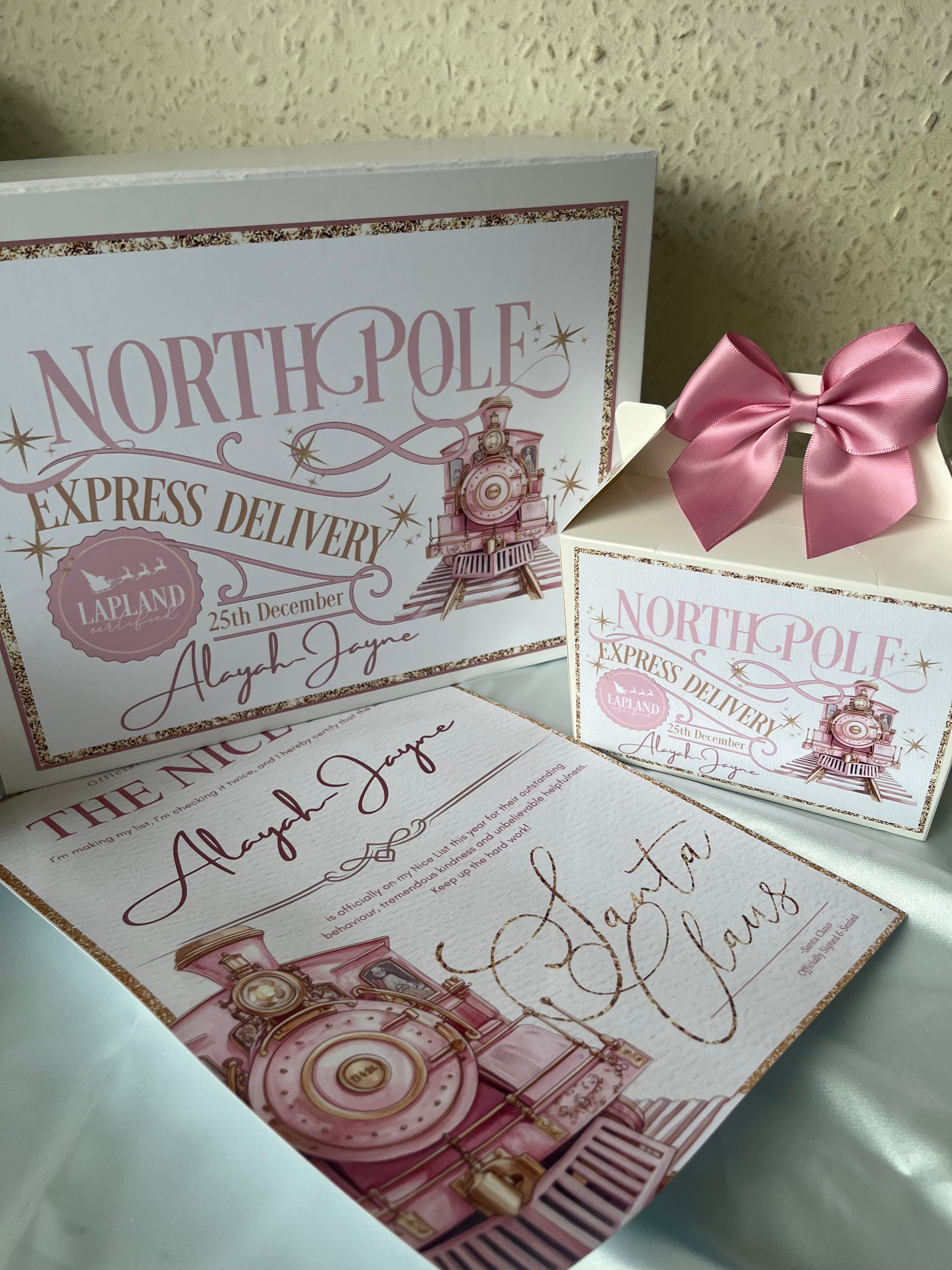 North Pole Express Delivery Christmas Eve Box, Treat Box and Nice List in Train Design pink or blue