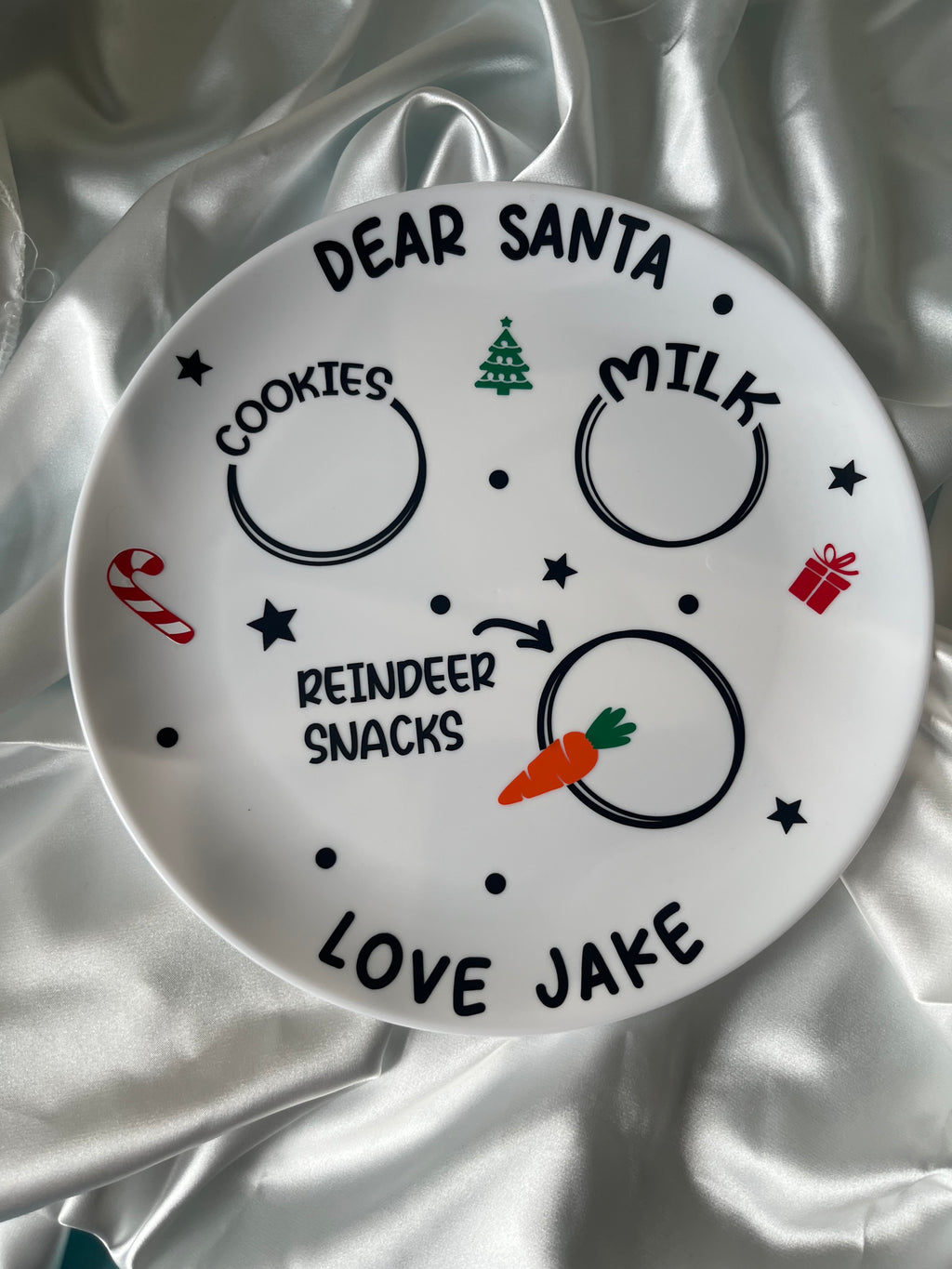 Personalised Christmas Eve Plastic Plate - Dear Santa Cookies Milk Reindeer Snacks Love your name Design