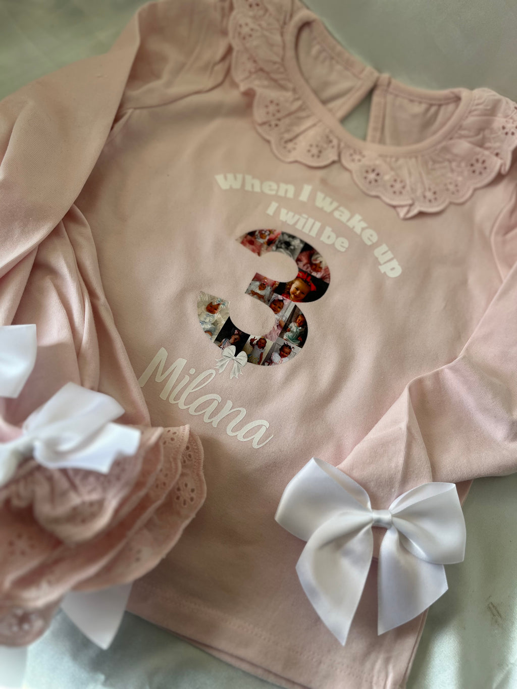 Personalised When I Wake Up Frill Pyjamas with Pink Bow Accents Custom Design for Birthday Loungewear Nightwear