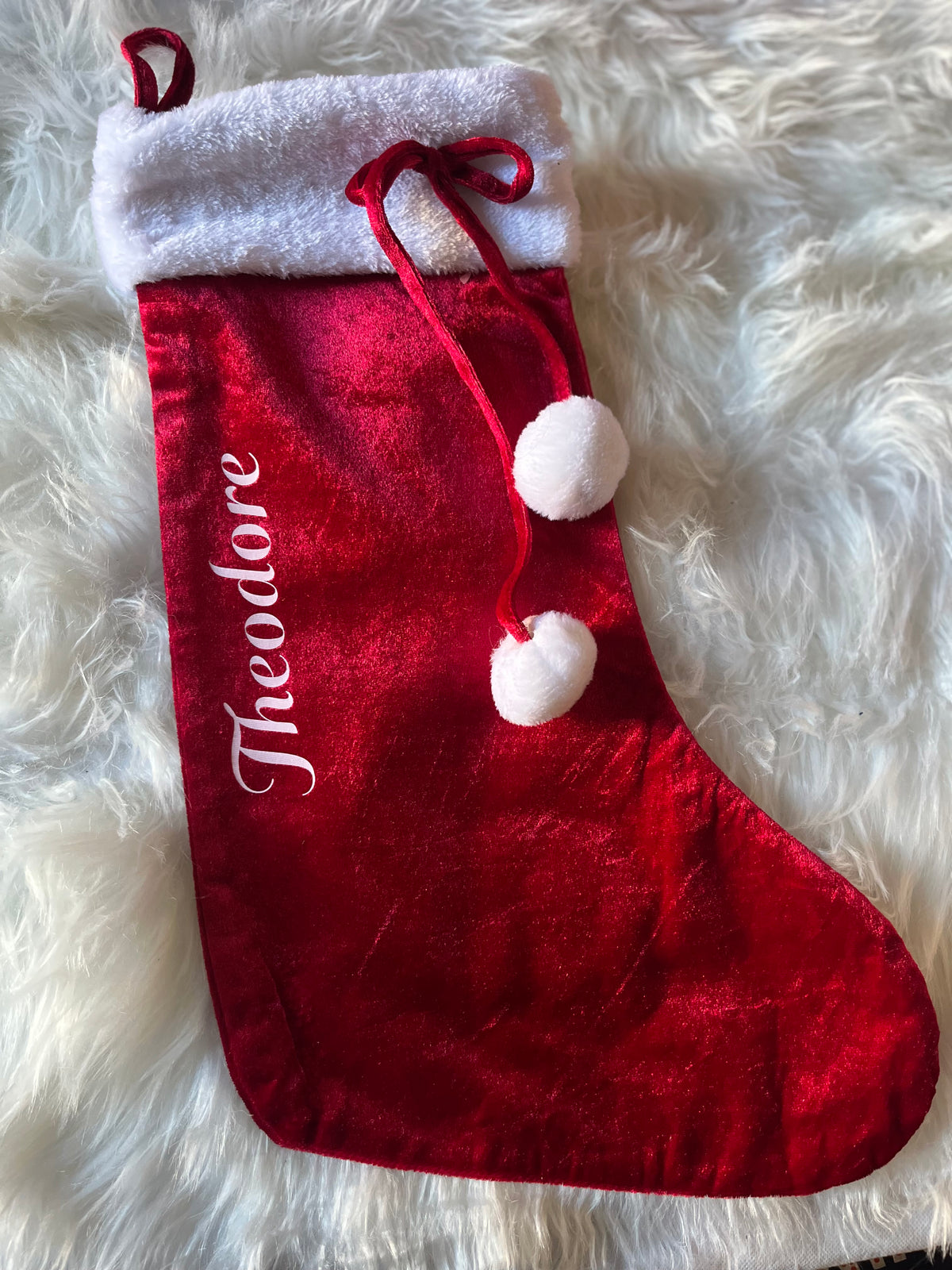 Personalised Christmas Stocking – Red Velvet Stocking with White Fur Cuff & Pom Poms – Custom Name Christmas Decoration