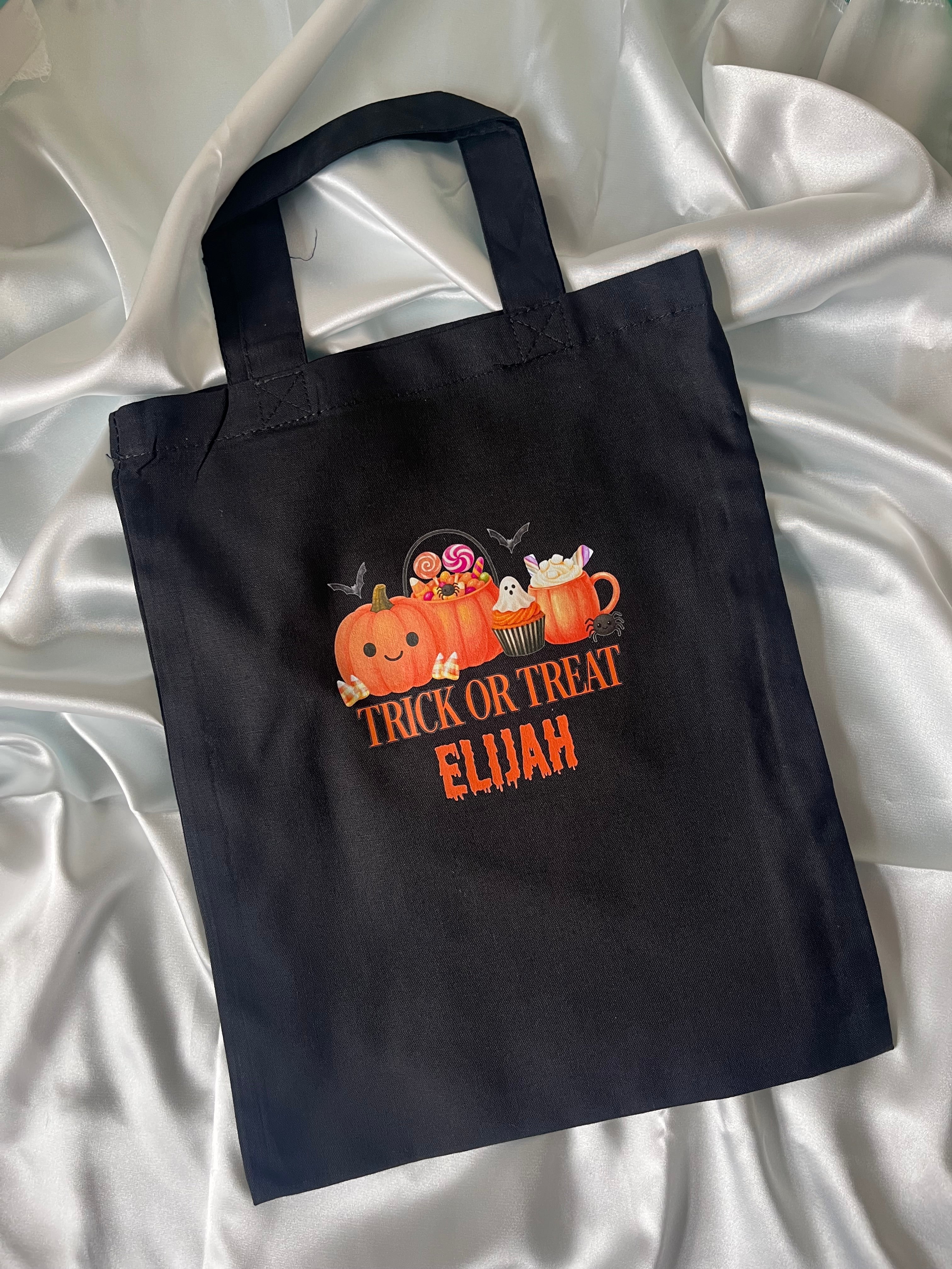 Trick or Treat Mini Tote Bags Personalized with Name, different Designs for Halloween