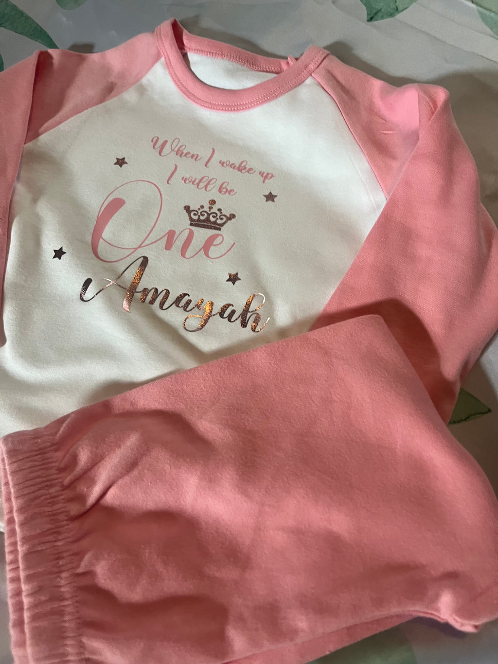 Personalised When I Wake Up Pink Pyjamas with Bows and Crown in Pink and Rose Gold Design