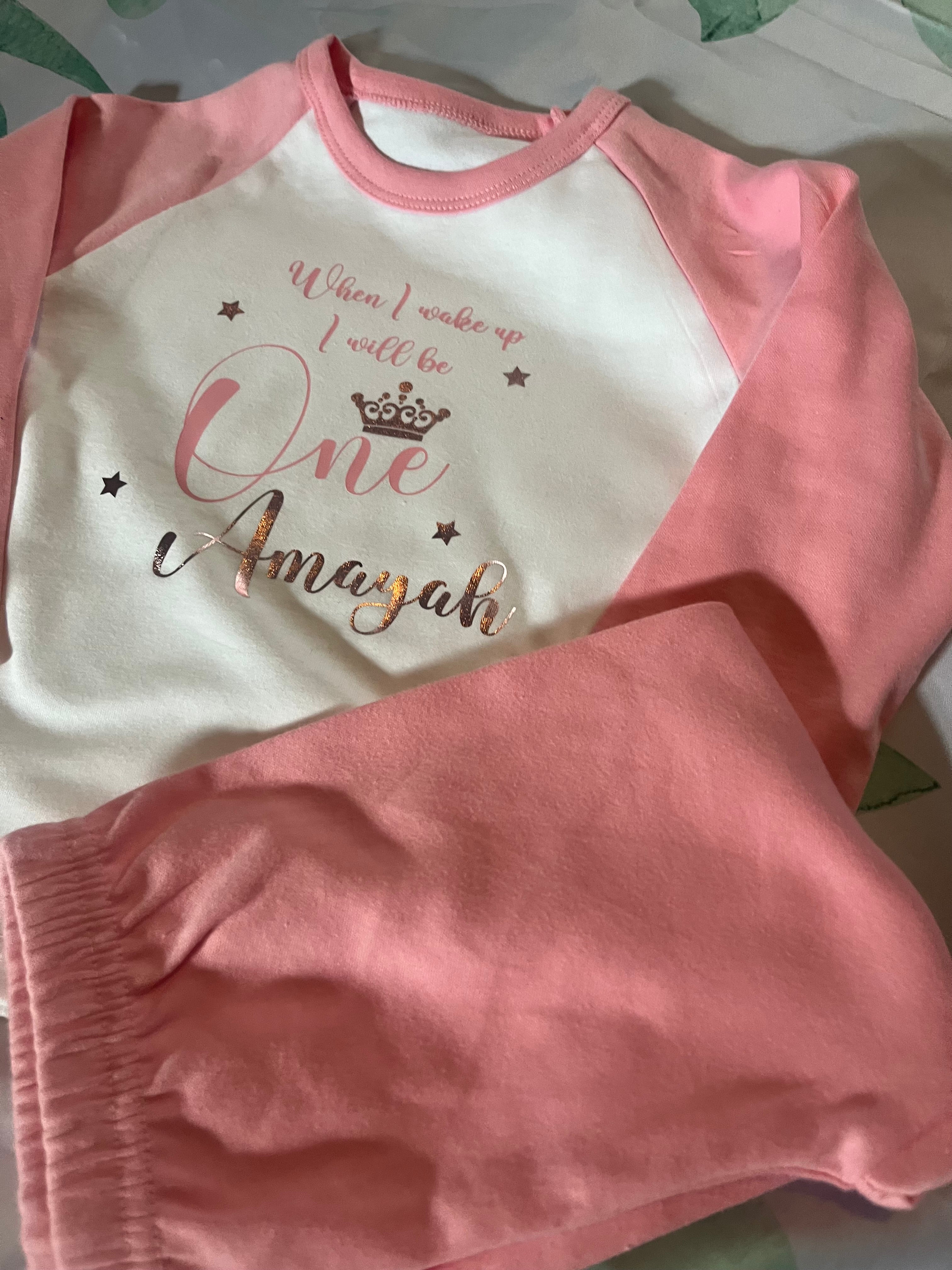 Personalised When I Wake Up Pink Pyjamas with Bows and Crown in Pink and Rose Gold Design