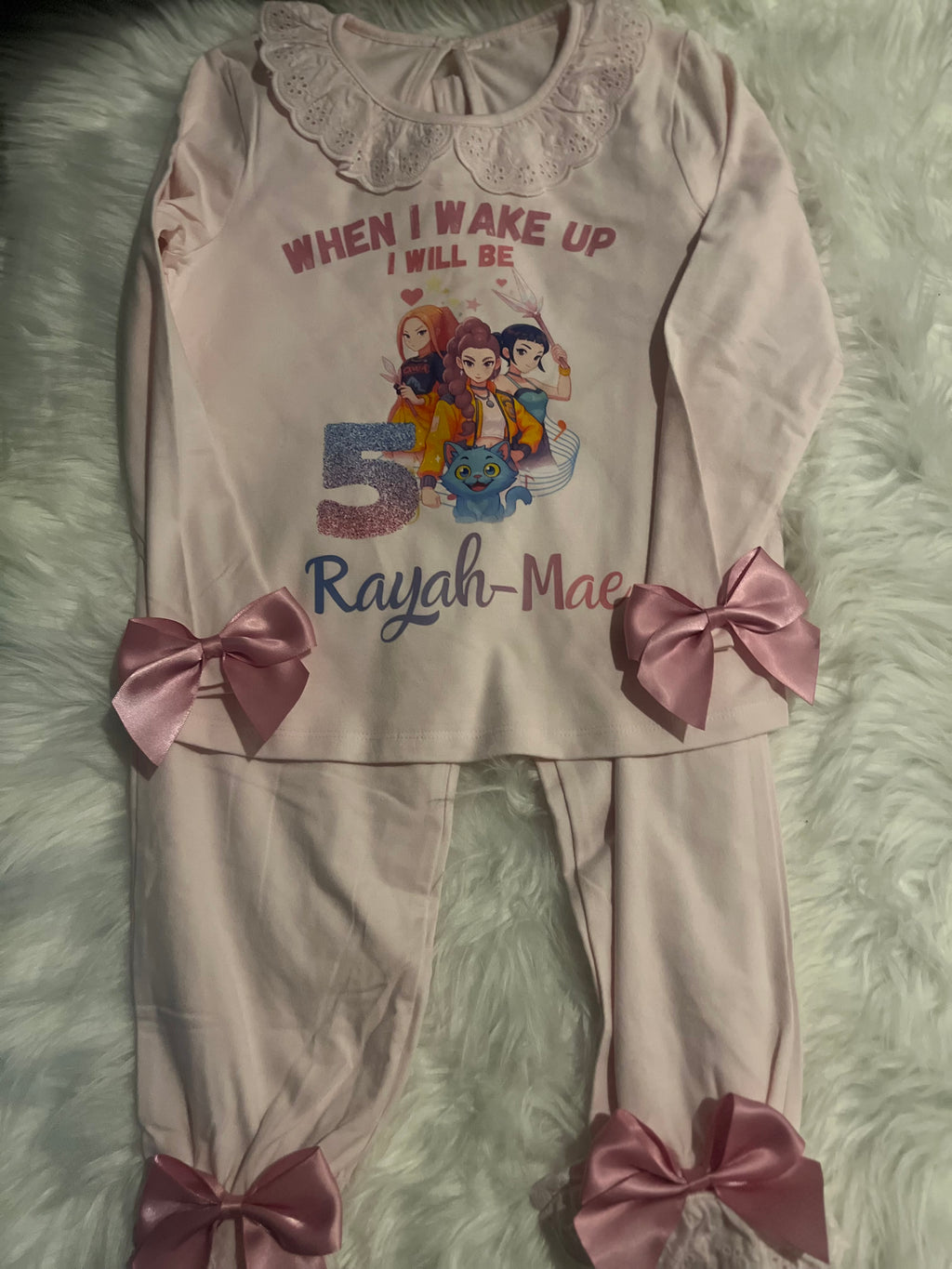 Custom When I Wake Up Frill Pyjamas with Pink Bow Accents Custom Design for Birthday Loungewear Nightwear