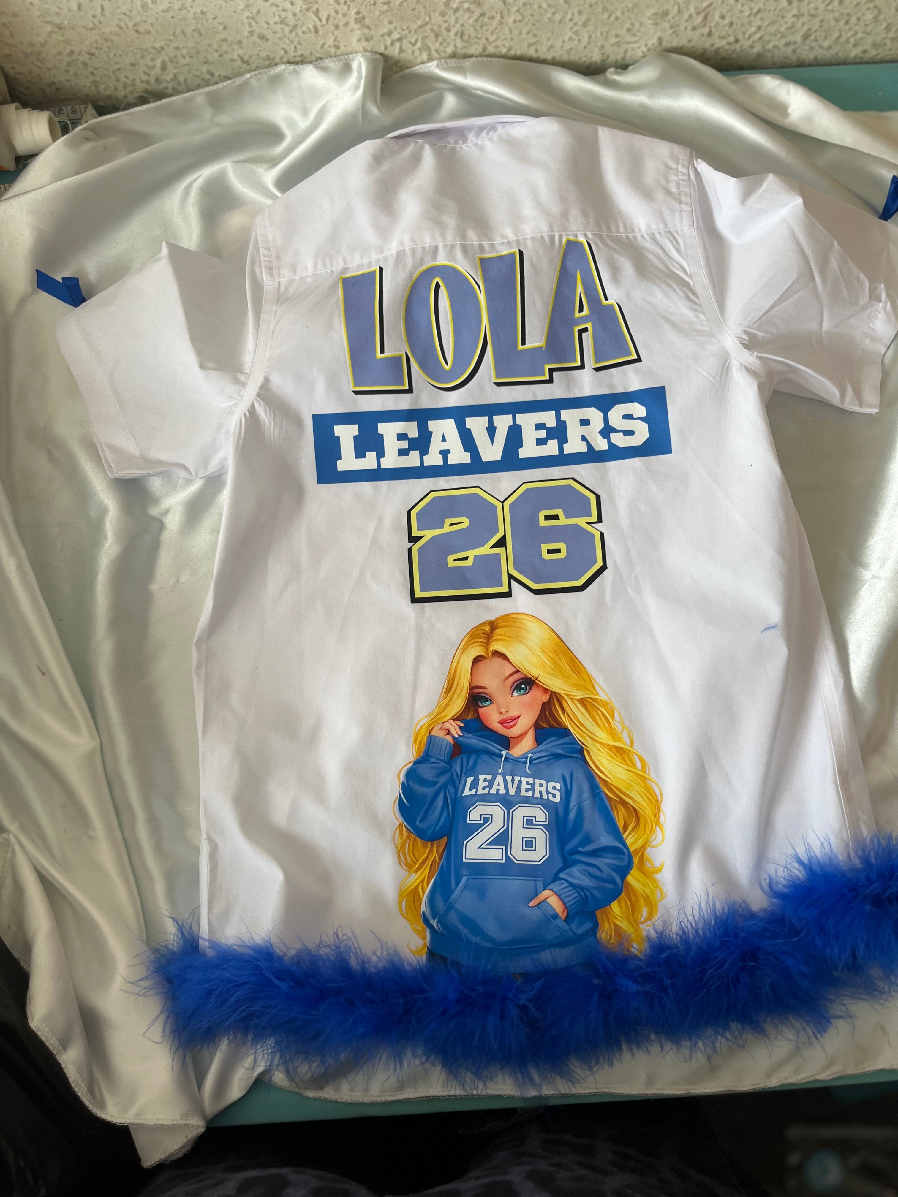 School leavers shirt with feather trim custom design