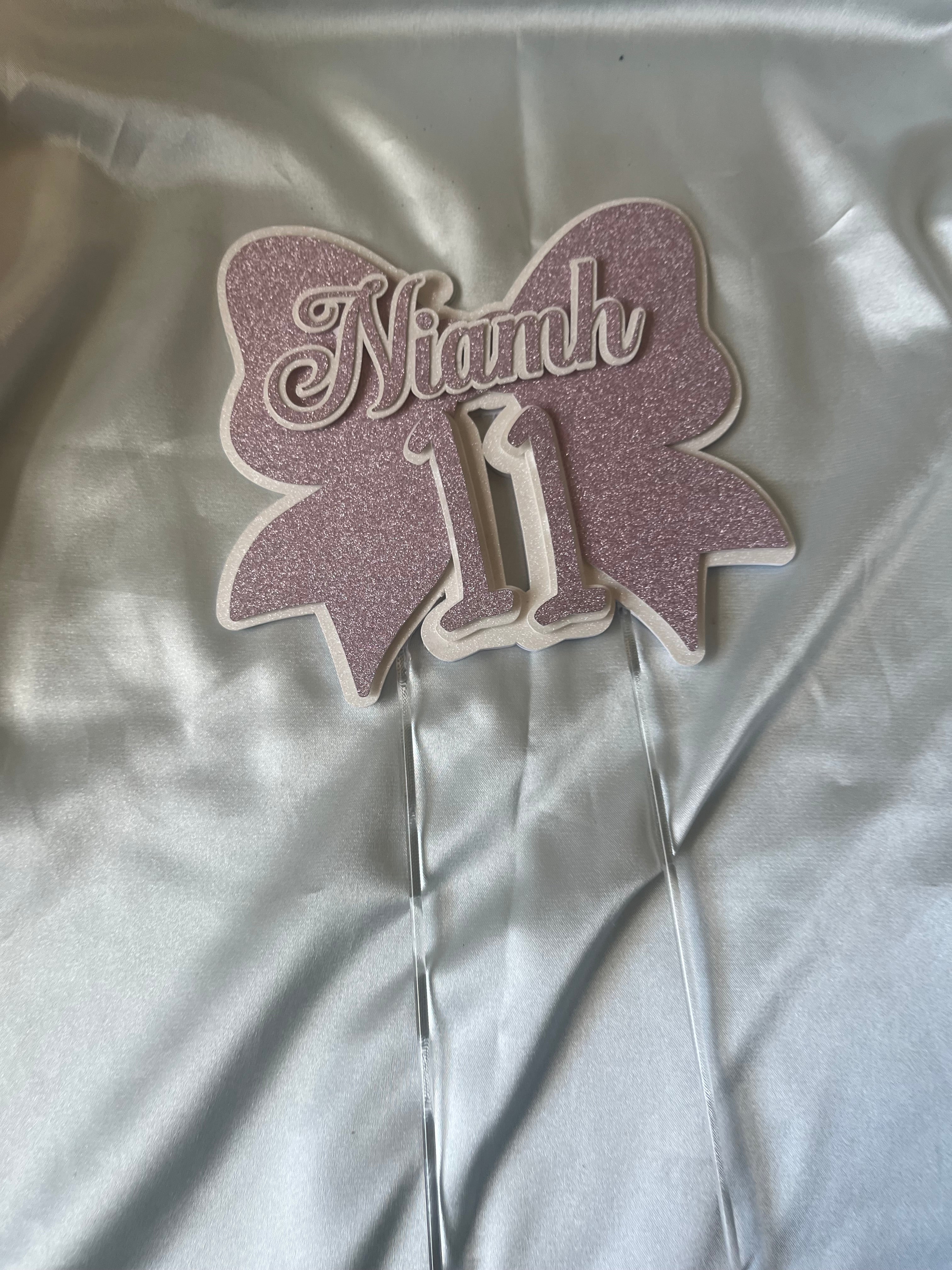Personalised glitter bow cake topper