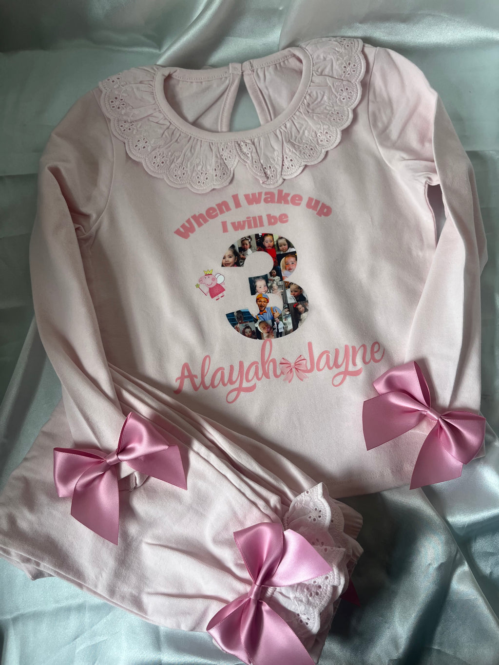 Personalised When I Wake Up Frill Pyjamas with Pink Bow Accents Custom Design for Birthday Loungewear Nightwear