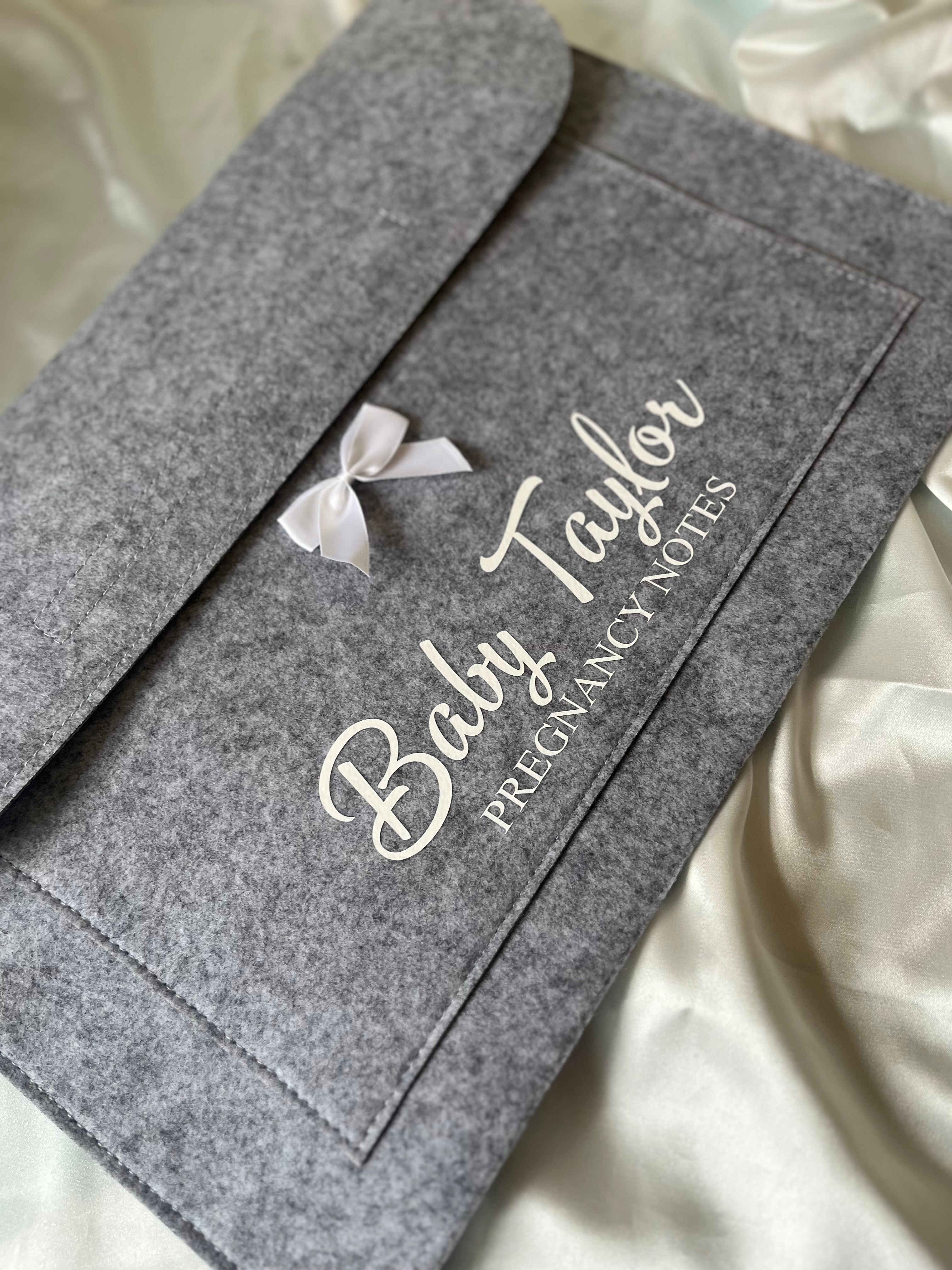 Personalised Pregnancy Notes Folder - Felt case with Bow for storing Maternity notes