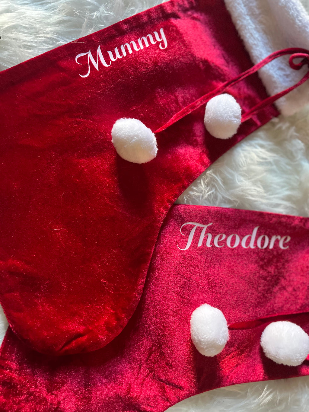 Personalised Christmas Stocking – Red Velvet Stocking with White Fur Cuff & Pom Poms – Custom Name Christmas Decoration