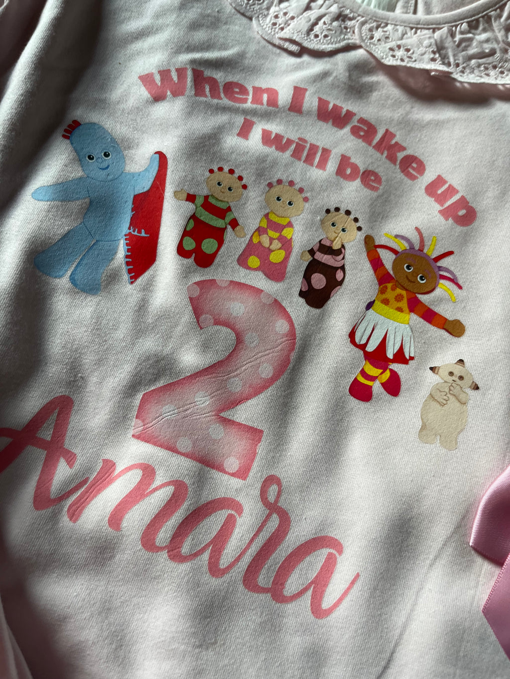 Custom When I Wake Up Frill Pyjamas with Pink Bow Accents Custom Design for Birthday Loungewear Nightwear