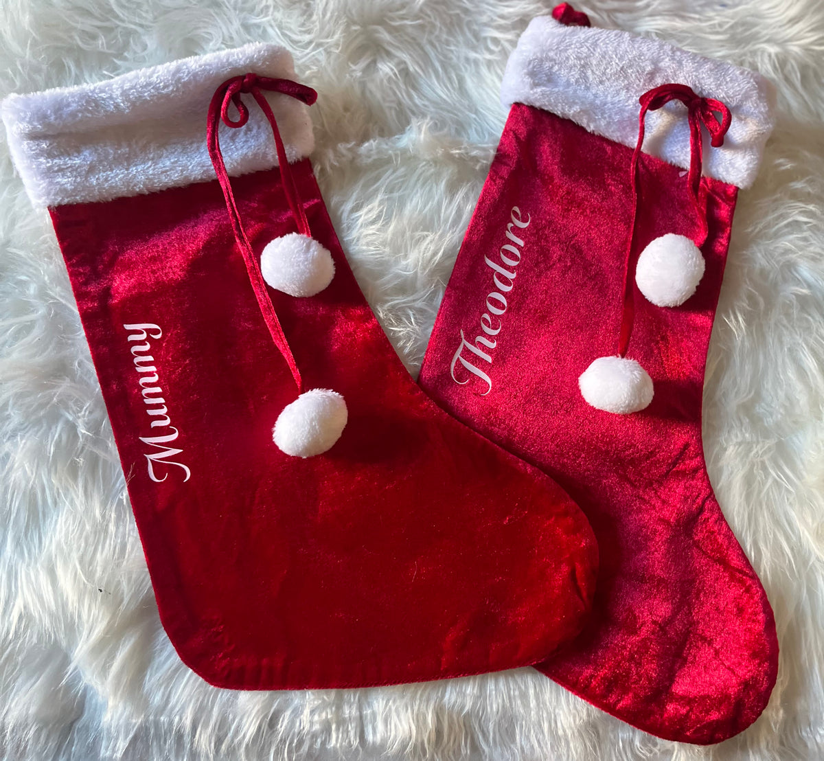 Personalised Christmas Stocking – Red Velvet Stocking with White Fur Cuff & Pom Poms – Custom Name Christmas Decoration
