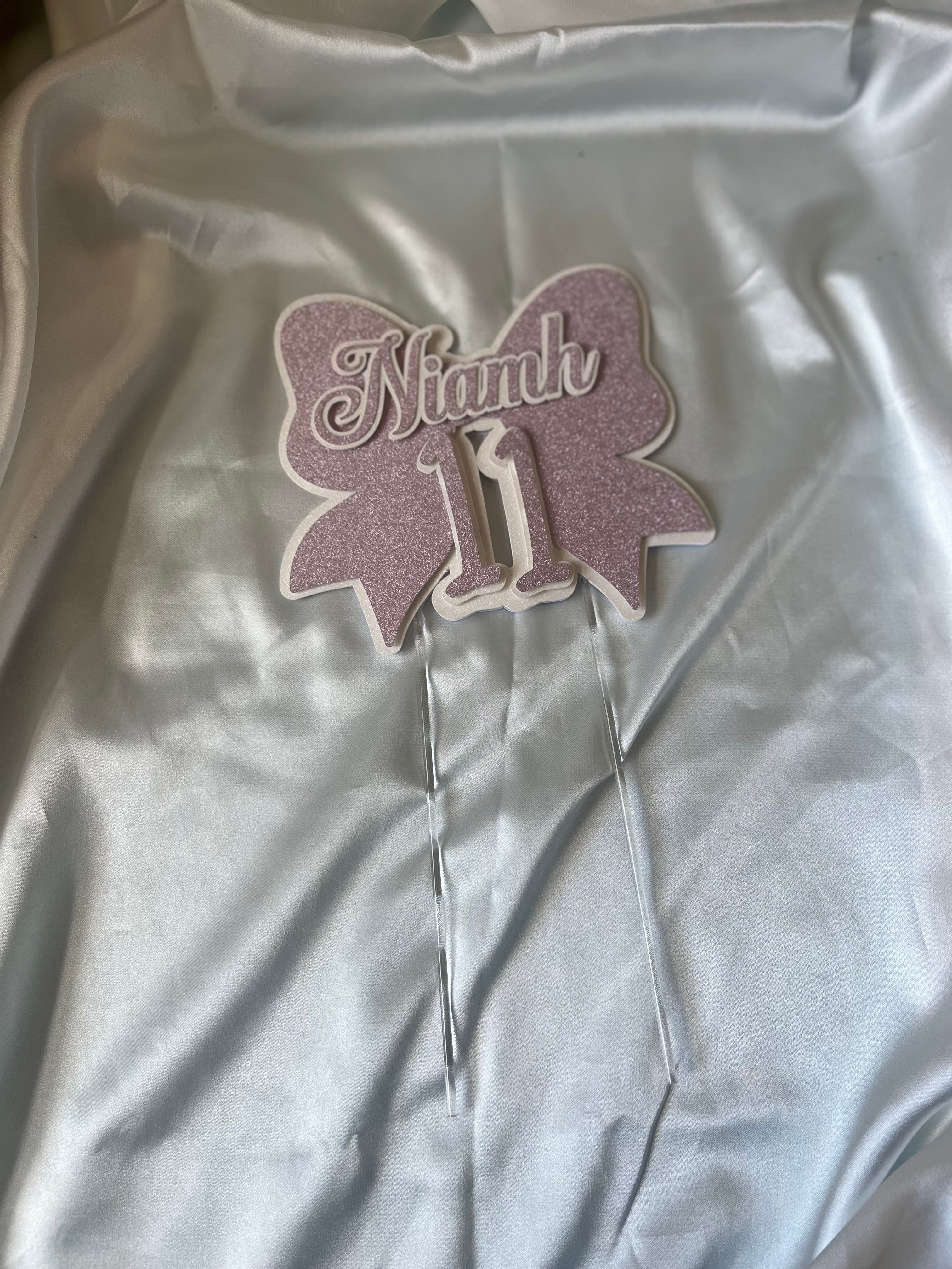 Personalised glitter bow cake topper