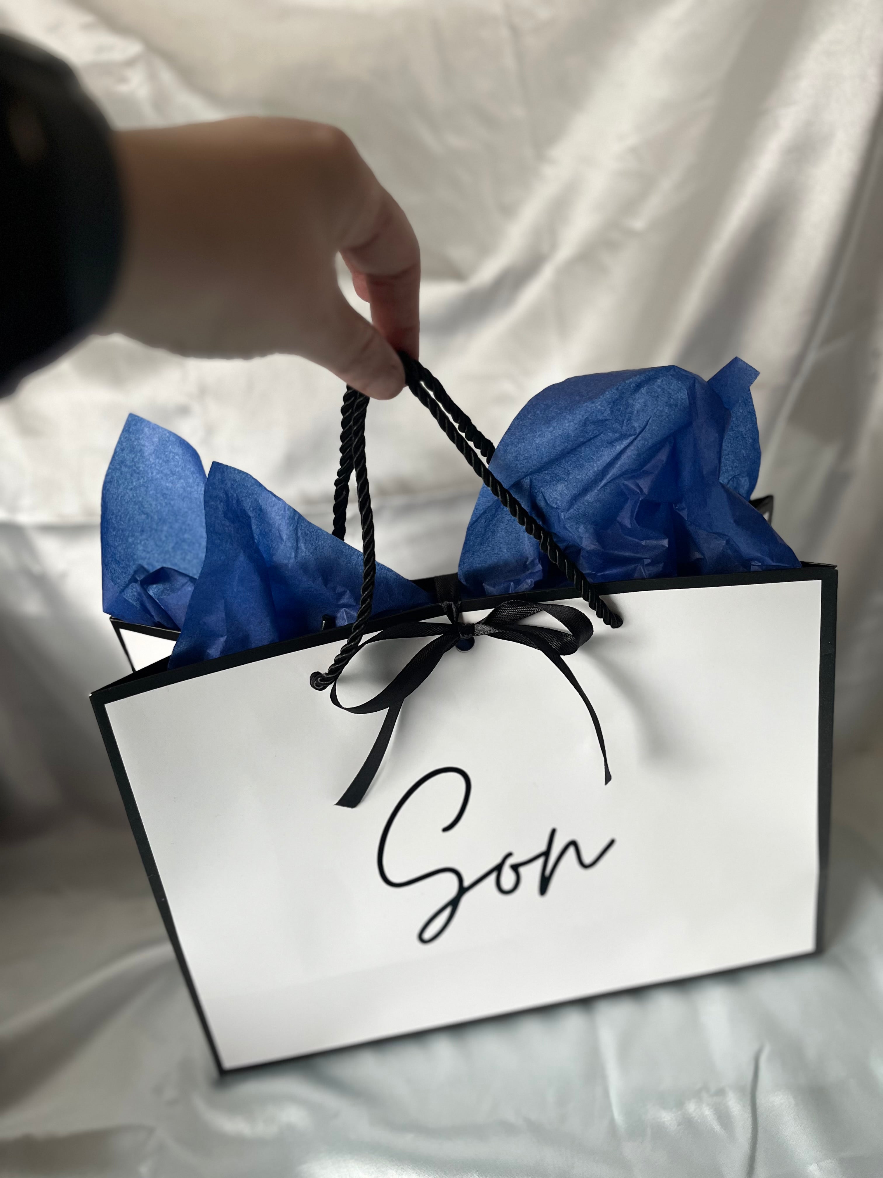 Personalised Gift Bag with Elegant Black Bow and Choice of Coloured Tissue Paper Perfect for Special Occasions