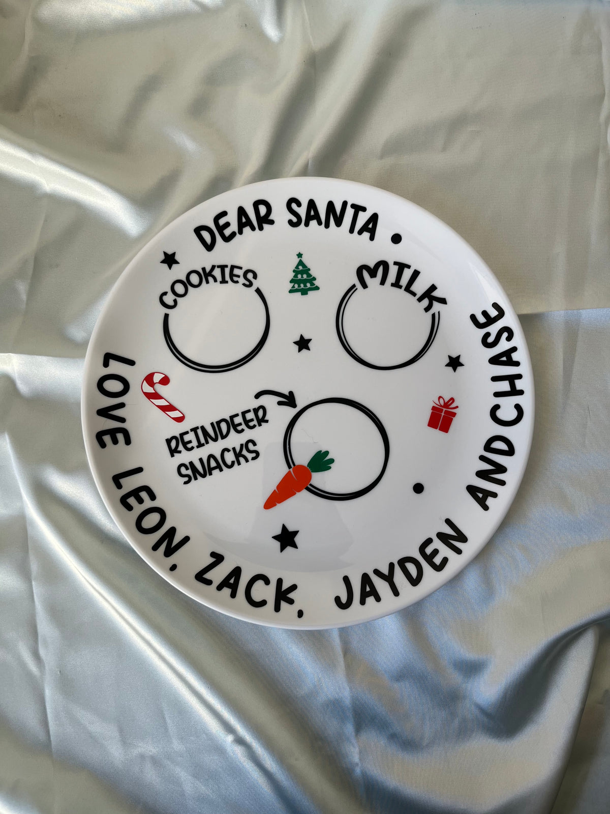 Personalised Christmas Eve Plastic Plate - Dear Santa Cookies Milk Reindeer Snacks Love your name Design