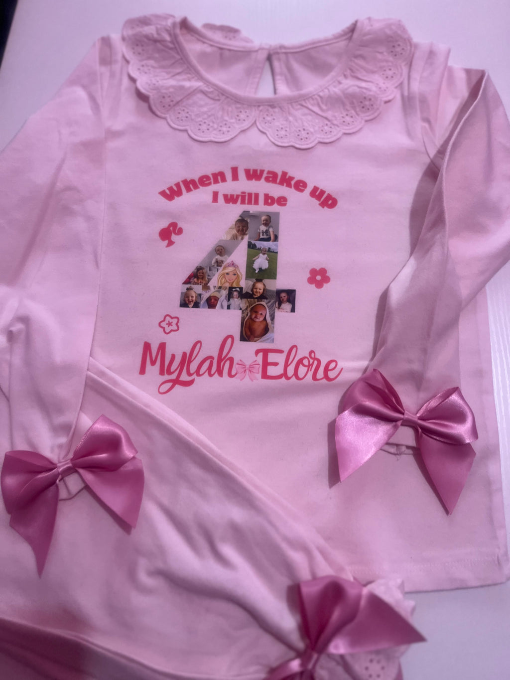 Personalised When I Wake Up Frill Pyjamas with Pink Bow Accents Custom Design for Birthday Loungewear Nightwear