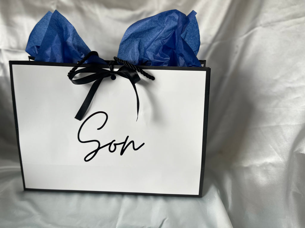 Personalised Gift Bag with Elegant Black Bow and Choice of Coloured Tissue Paper Perfect for Special Occasions