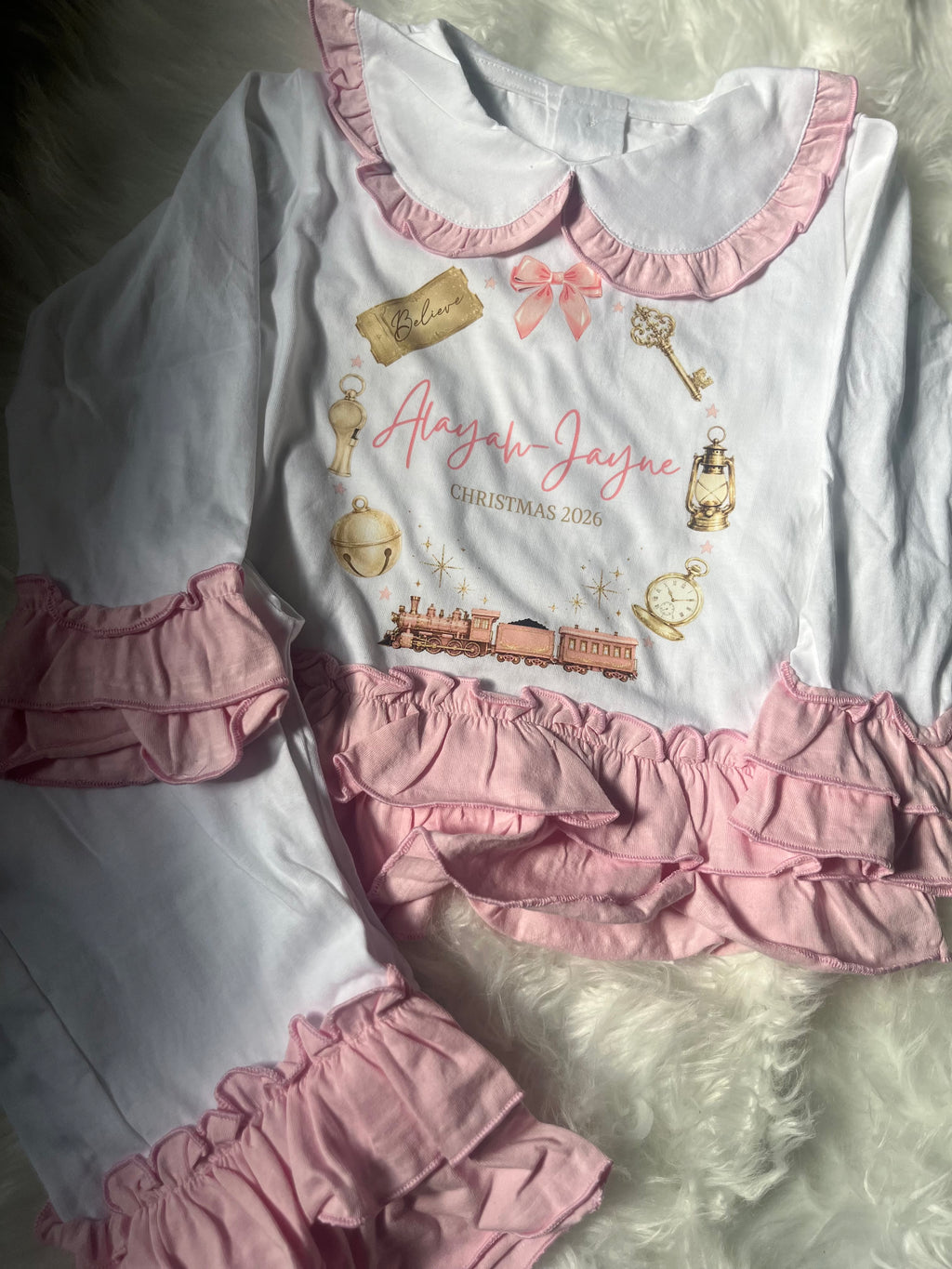 Personalized Christmas pyjama set pink ruffles – Train Design