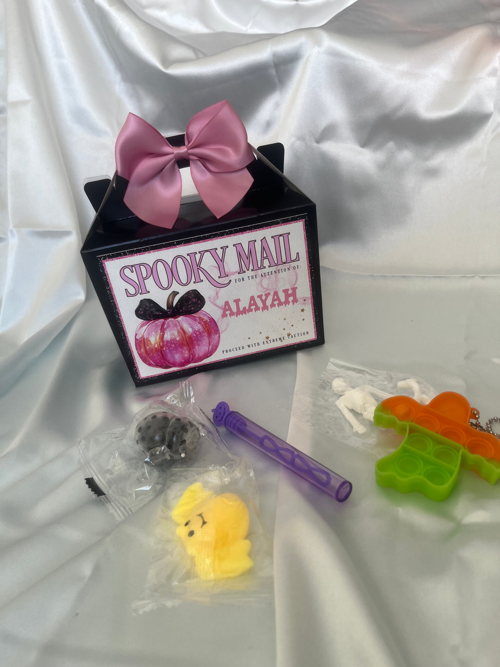 Spooky Mail Personalised Halloween Treat Boxes with Bows and fidget treats and Custom Names Gifts