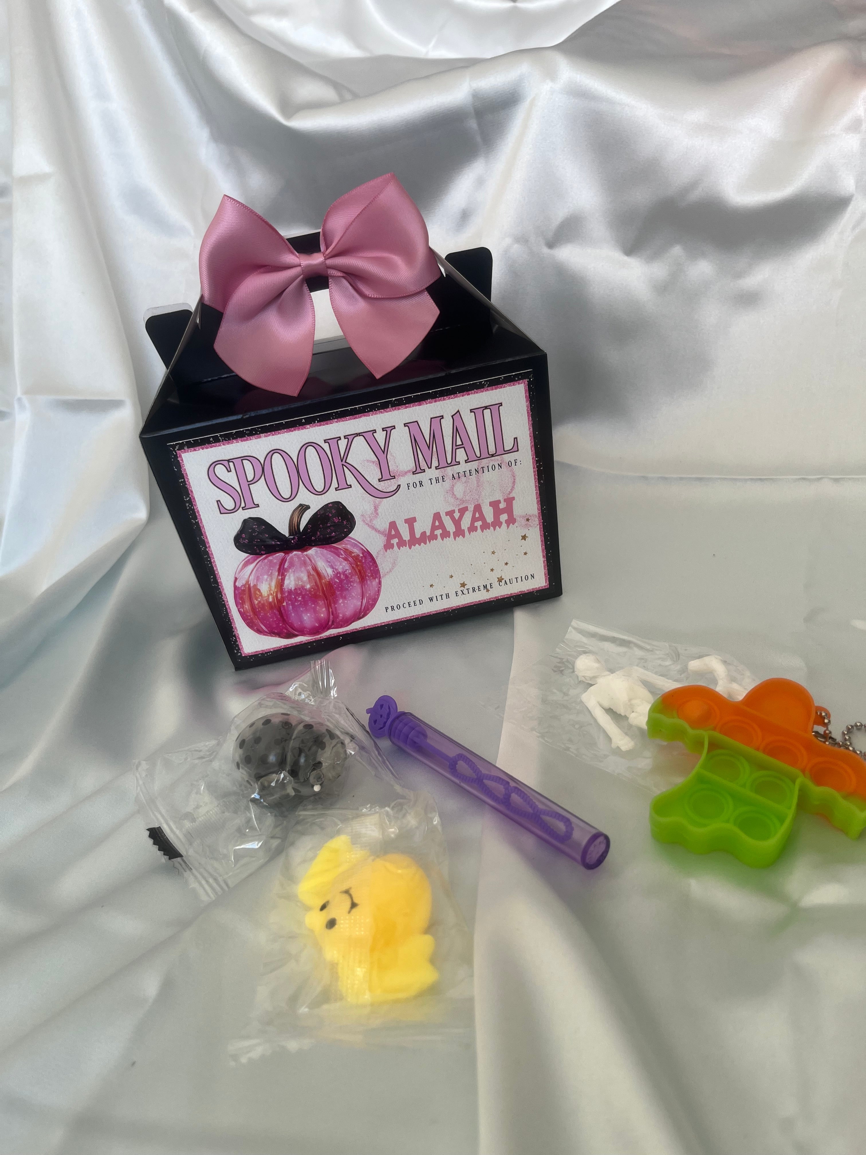 Spooky Mail Personalised Halloween Treat Boxes with Bows and fidget treats and Custom Names Gifts