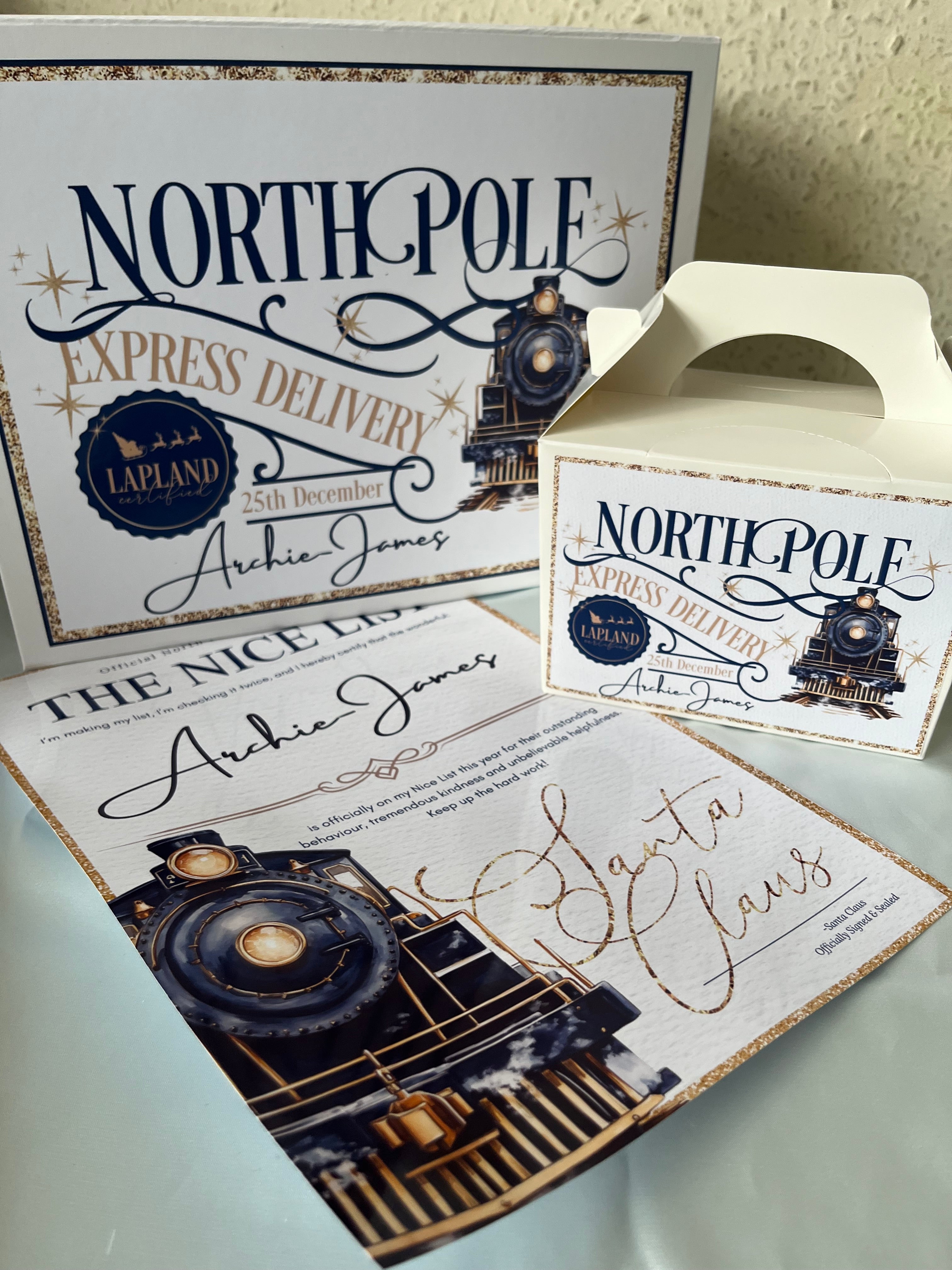 North Pole Express Delivery Christmas Eve Box, Treat Box and Nice List in Train Design pink or blue
