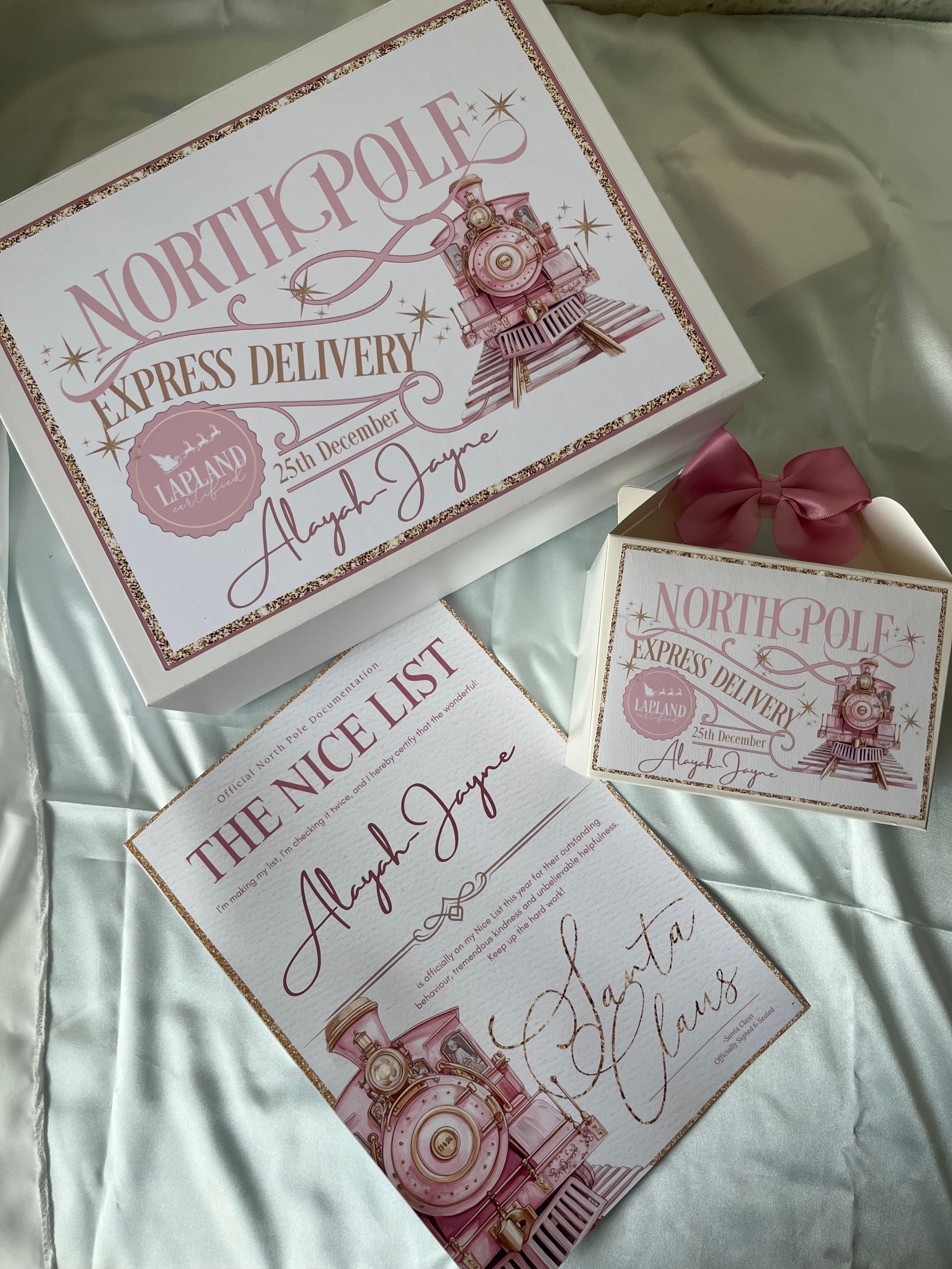 North Pole Express Delivery Christmas Eve Box, Treat Box and Nice List in Train Design pink or blue