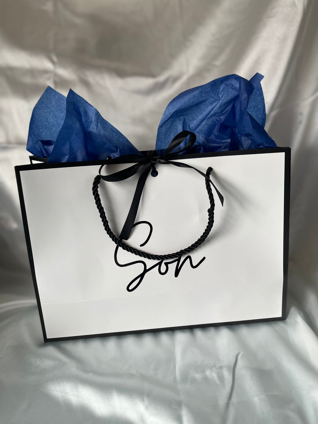 Personalised Gift Bag with Elegant Black Bow and Choice of Coloured Tissue Paper Perfect for Special Occasions